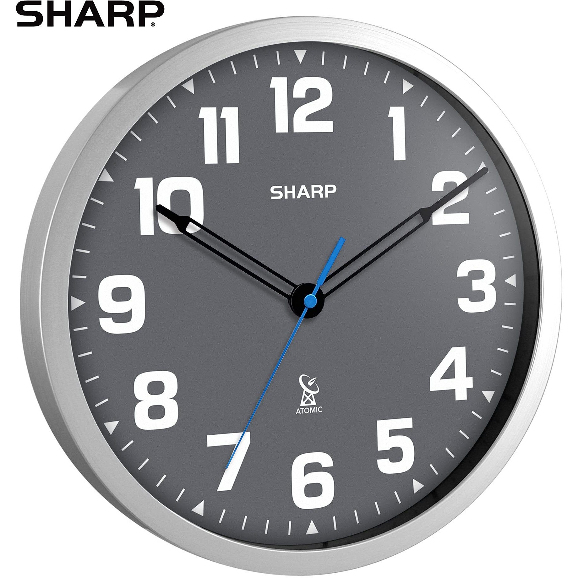 Sharp Atomic Analog Wall Clock - 12"" Grey Face, Silver Brushed Finish - Sets Automatically- Battery Operated - Easy To Read - Easy To Use - Modern Design And Style