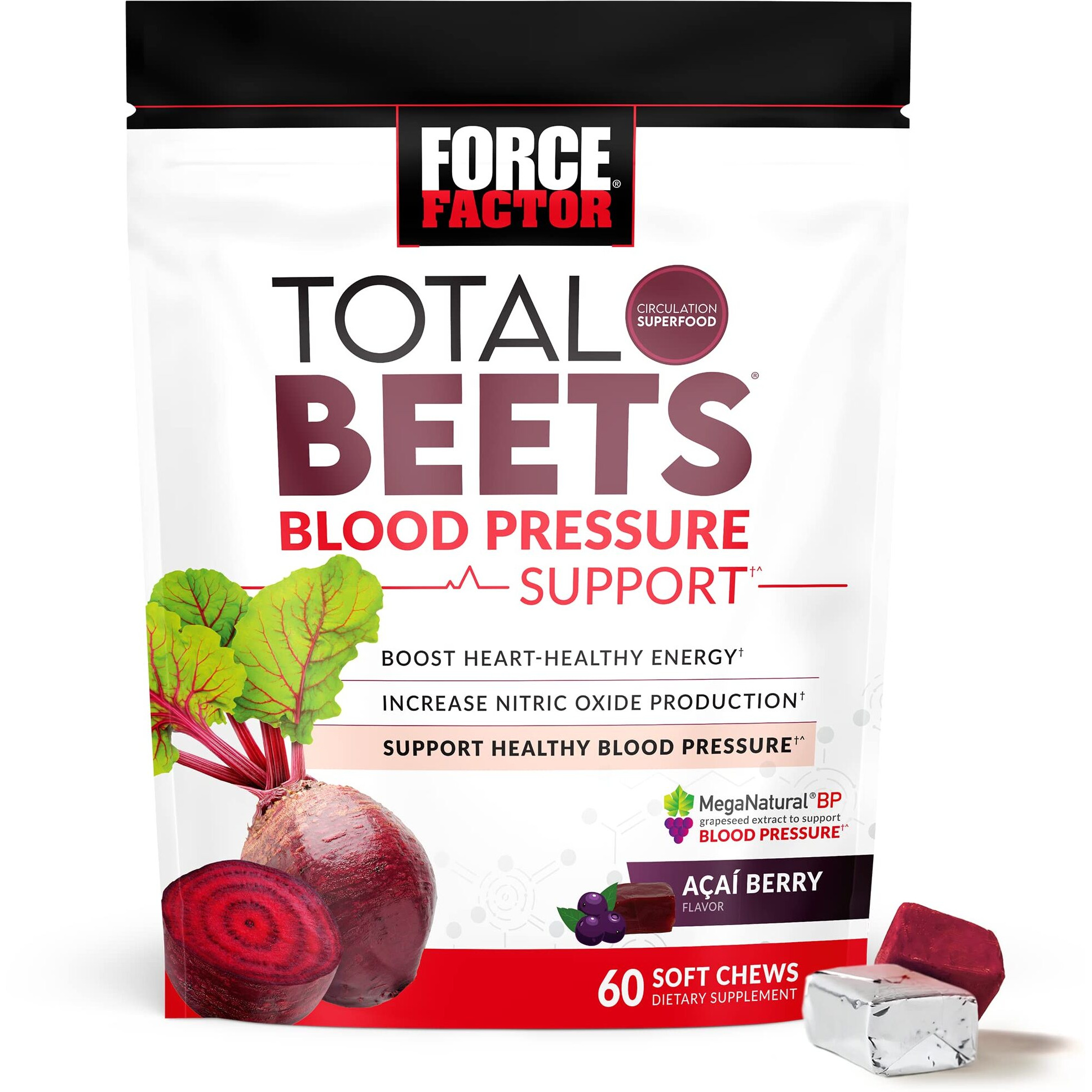 Total Beets Blood Pressure Support Supplements With Beet Powder, Great-Tasting Beets Chewables For Heart-Healthy Energy, And Increased Nitric Oxide, Force Factor, 60 Chews
