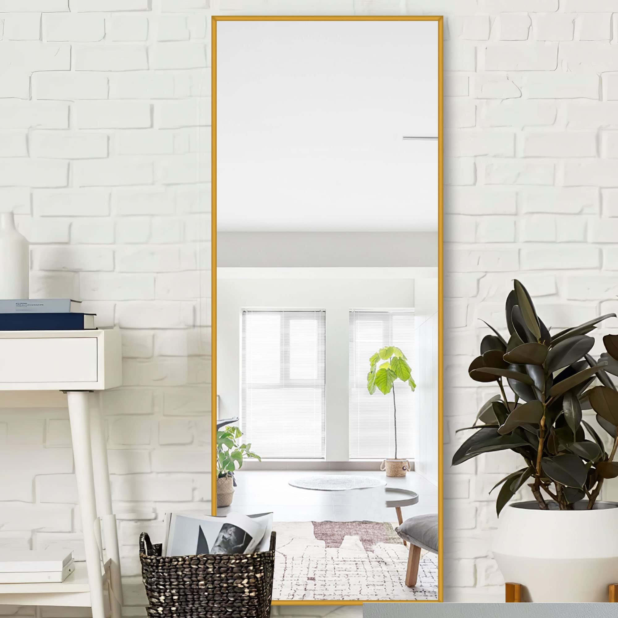 Neutype Full Length Mirror, 64 "&quotX21 "" Body Mirror With Stand Floor Standing Wall-Mounted Hanging Or Leaning Against Wall Aluminum Alloy Thin Frame (Gold)
