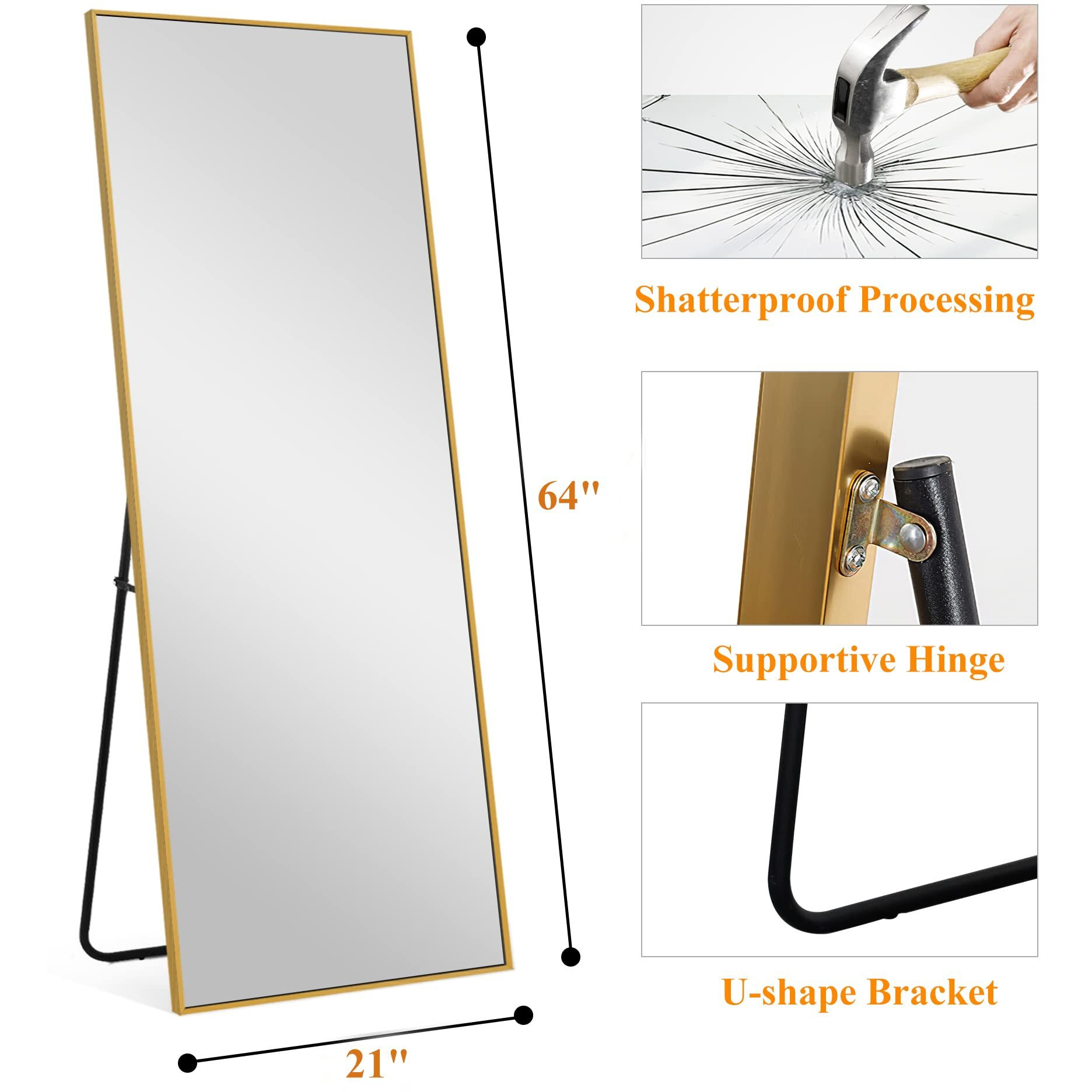 Neutype Full Length Mirror, 64 "&quotX21 "" Body Mirror With Stand Floor Standing Wall-Mounted Hanging Or Leaning Against Wall Aluminum Alloy Thin Frame (Gold)