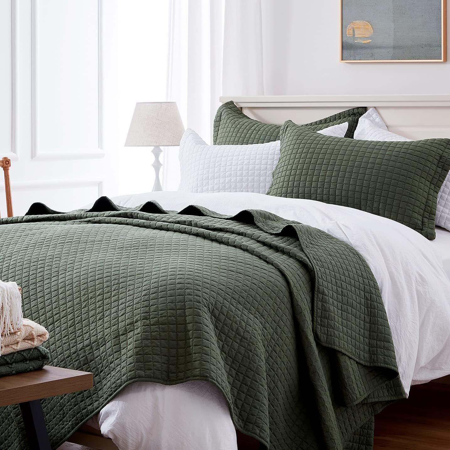 Sunstyle Home Quilt Set King Olive Green Lightweight Bedspread Soft Reversible Coverlet For All Season 3Pcs Army Green Square Quilted Quilted Bedding Sets (1 Quilt 2 Pillow Shams)(106"&quotX96"")