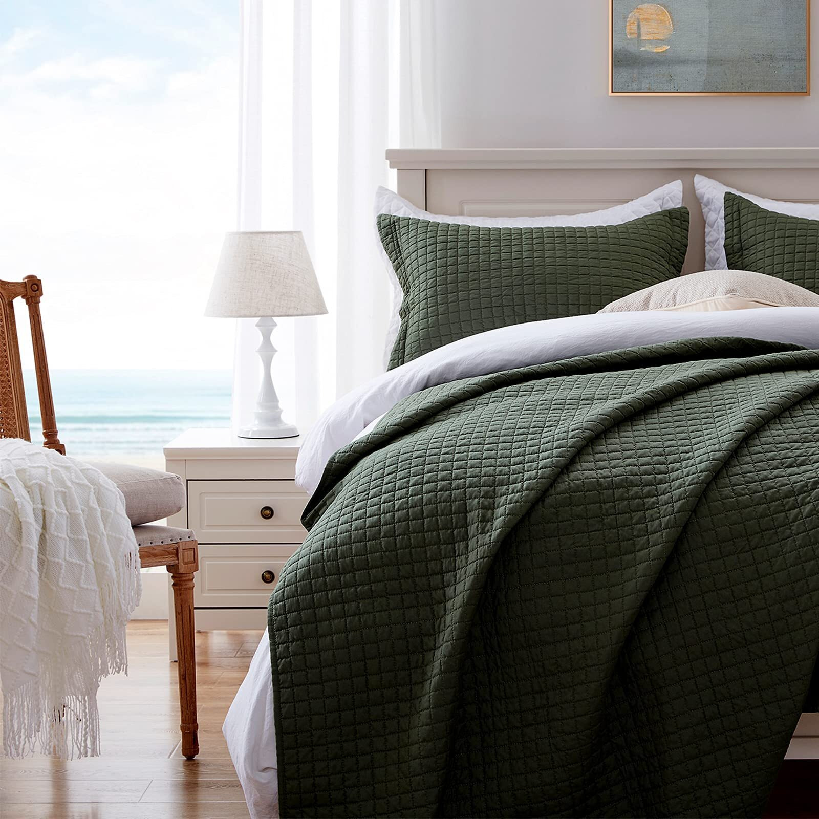 Sunstyle Home Quilt Set King Olive Green Lightweight Bedspread Soft Reversible Coverlet For All Season 3Pcs Army Green Square Quilted Quilted Bedding Sets (1 Quilt 2 Pillow Shams)(106"&quotX96"")