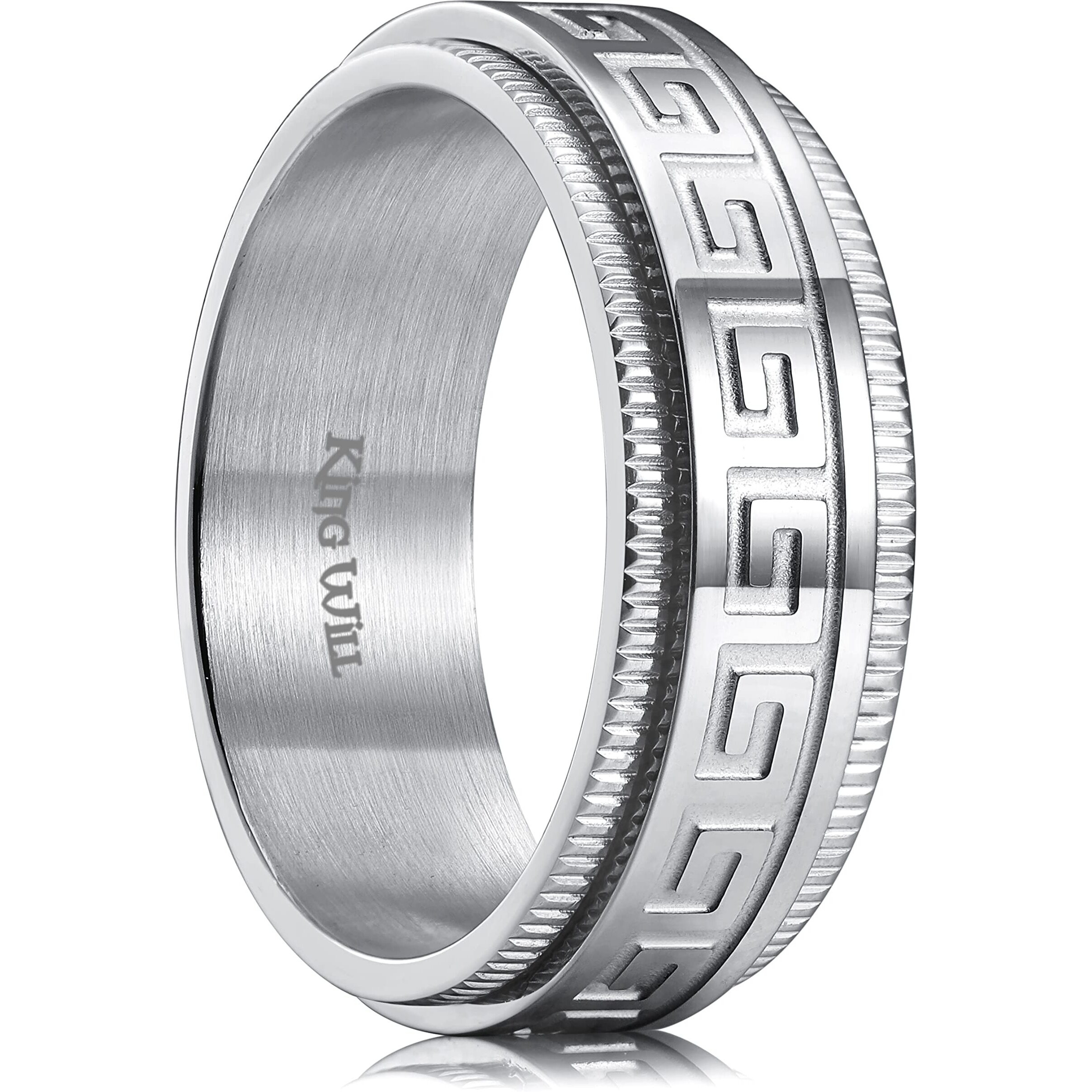 King Will 8Mm Silver Spinner Stainless Steel Ring Fidget Ring Anxiety Ring For Men Greek Key 9