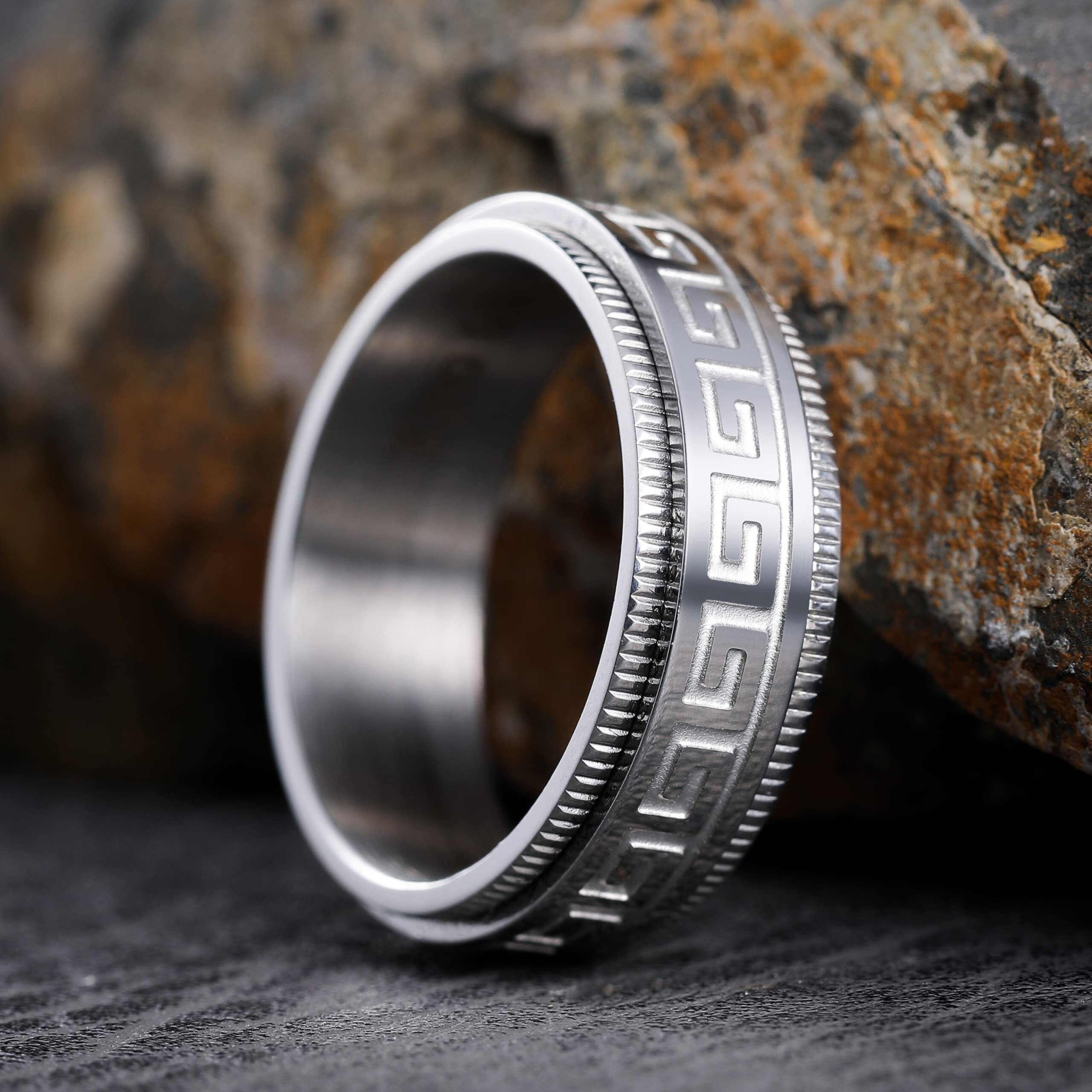 King Will 8Mm Silver Spinner Stainless Steel Ring Fidget Ring Anxiety Ring For Men Greek Key 9