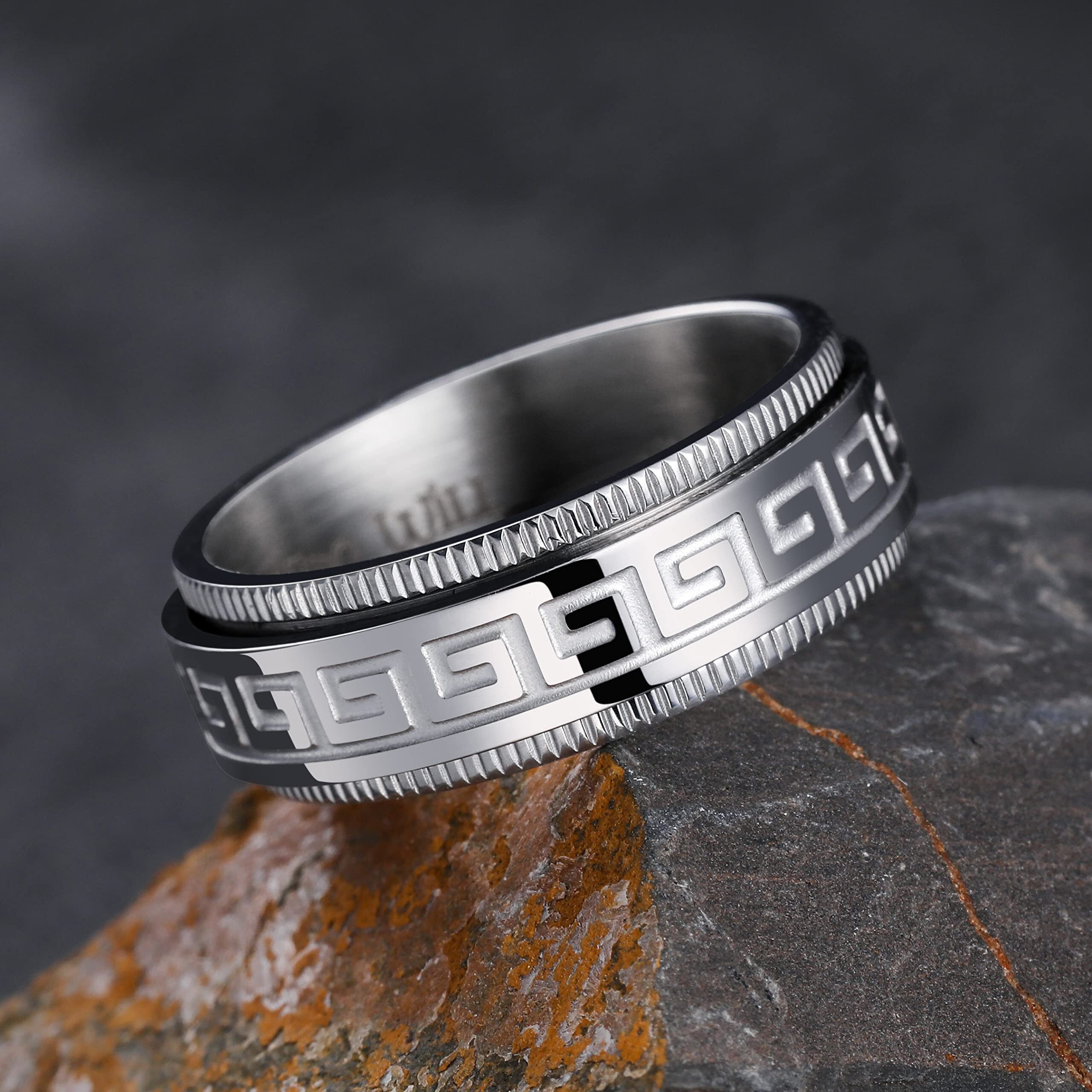 King Will 8Mm Silver Spinner Stainless Steel Ring Fidget Ring Anxiety Ring For Men Greek Key 9