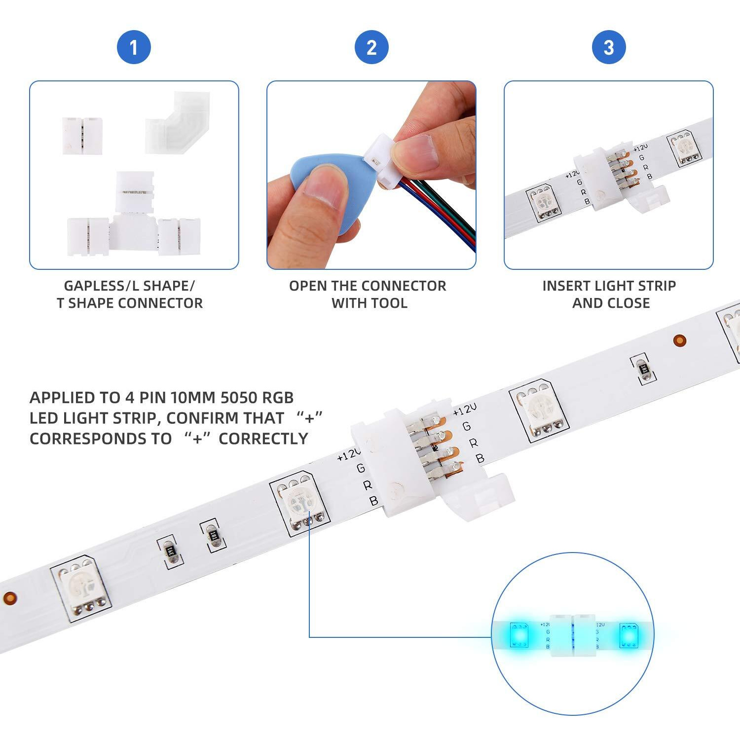 Led Strip Light Connector Kit, Led Strip Accessories Set For 5050 4 Pin 10Mm Rgb Led Light Strips With Connectors Clips And Tools