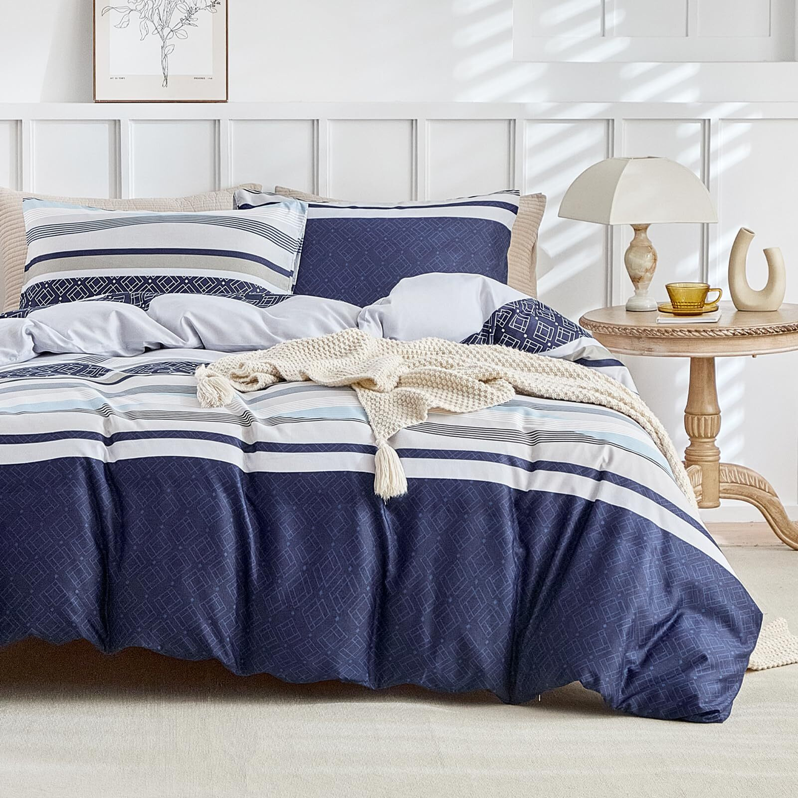 Lekesky Boho Duvet Cover Queen, 3 Pieces Blue Striped Duvet Cover Set Soft Bohemian Bedding Aztec Comforter Cover Set Queen Size With Hidden Zipper & Corner Ties (1 Duvet Cover 90X90 Inches)