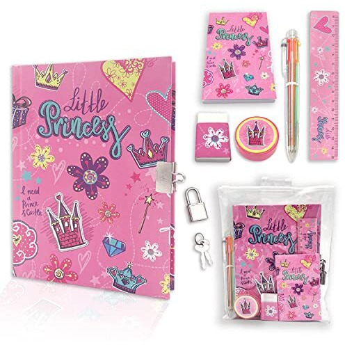 Girls Diary With Lock, Kids Journal Stationary Set For Pre School Teen Learning Writing Drawing Age 6,8,10,12 Years Princess Gift With Notebook Memo Notepad Six Multicolored Pen Ruler Sharpener Eraser