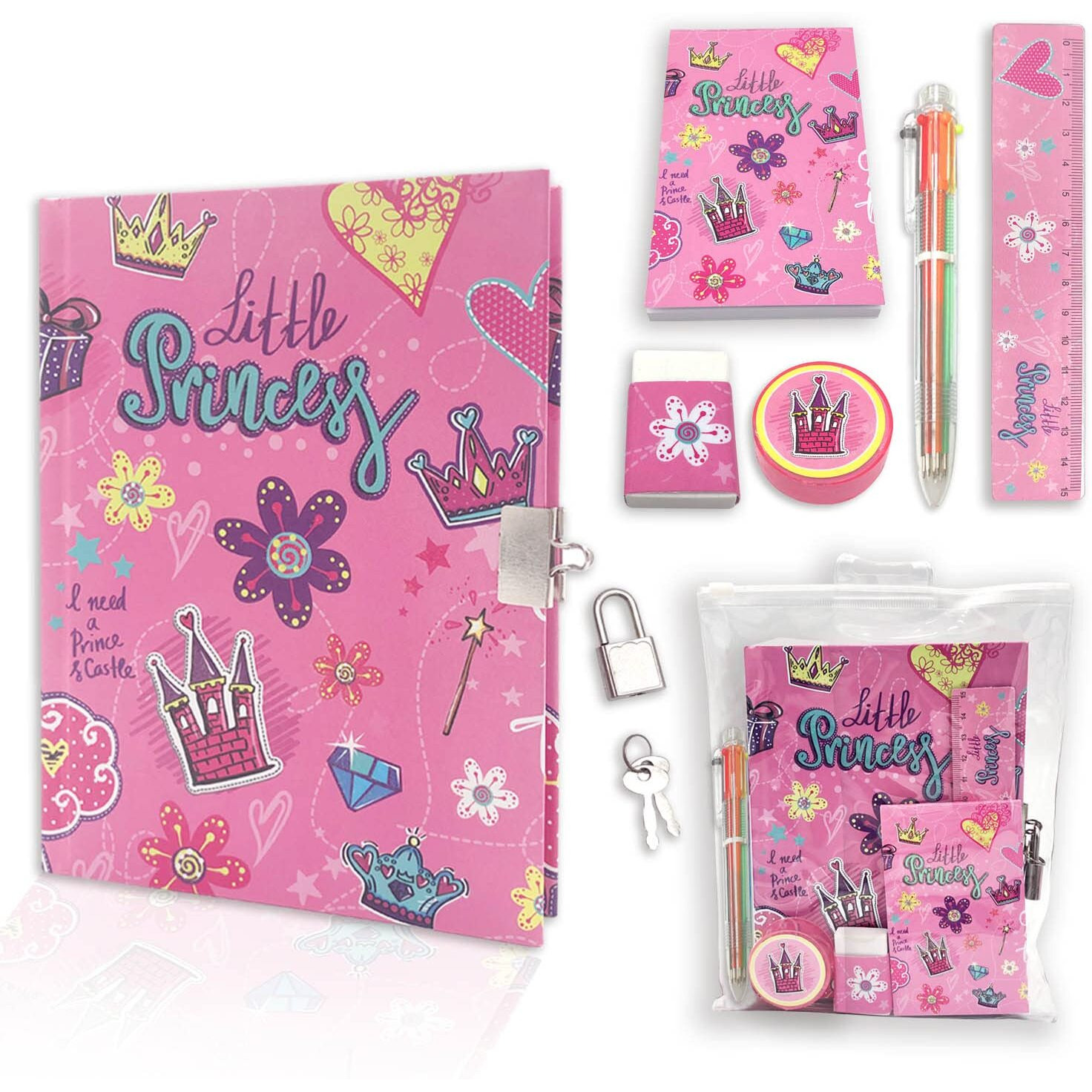 Girls Diary With Lock, Kids Journal Stationary Set For Pre School Teen Learning Writing Drawing Age 6,8,10,12 Years Princess Gift With Notebook Memo Notepad Six Multicolored Pen Ruler Sharpener Eraser