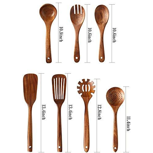 Wooden Kitchen Utensils Set,Nayahose Wooden Spoons For Cooking Natural Teak Wood Kitchen Spatula Set For Cooking Including Spoon Ladle Fork 7 Pack