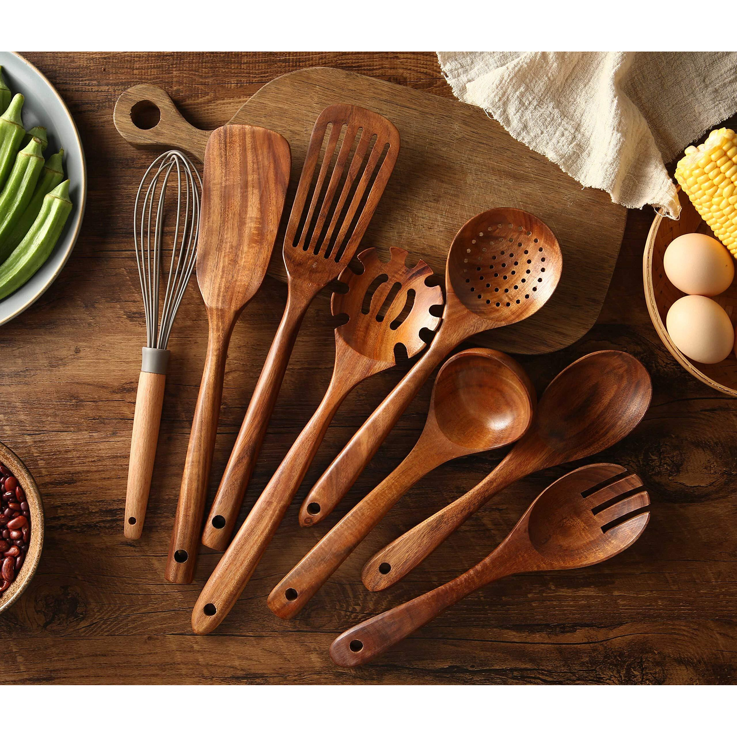 Wooden Kitchen Utensils Set,Nayahose Wooden Spoons For Cooking Natural Teak Wood Kitchen Spatula Set For Cooking Including Spoon Ladle Fork 7 Pack
