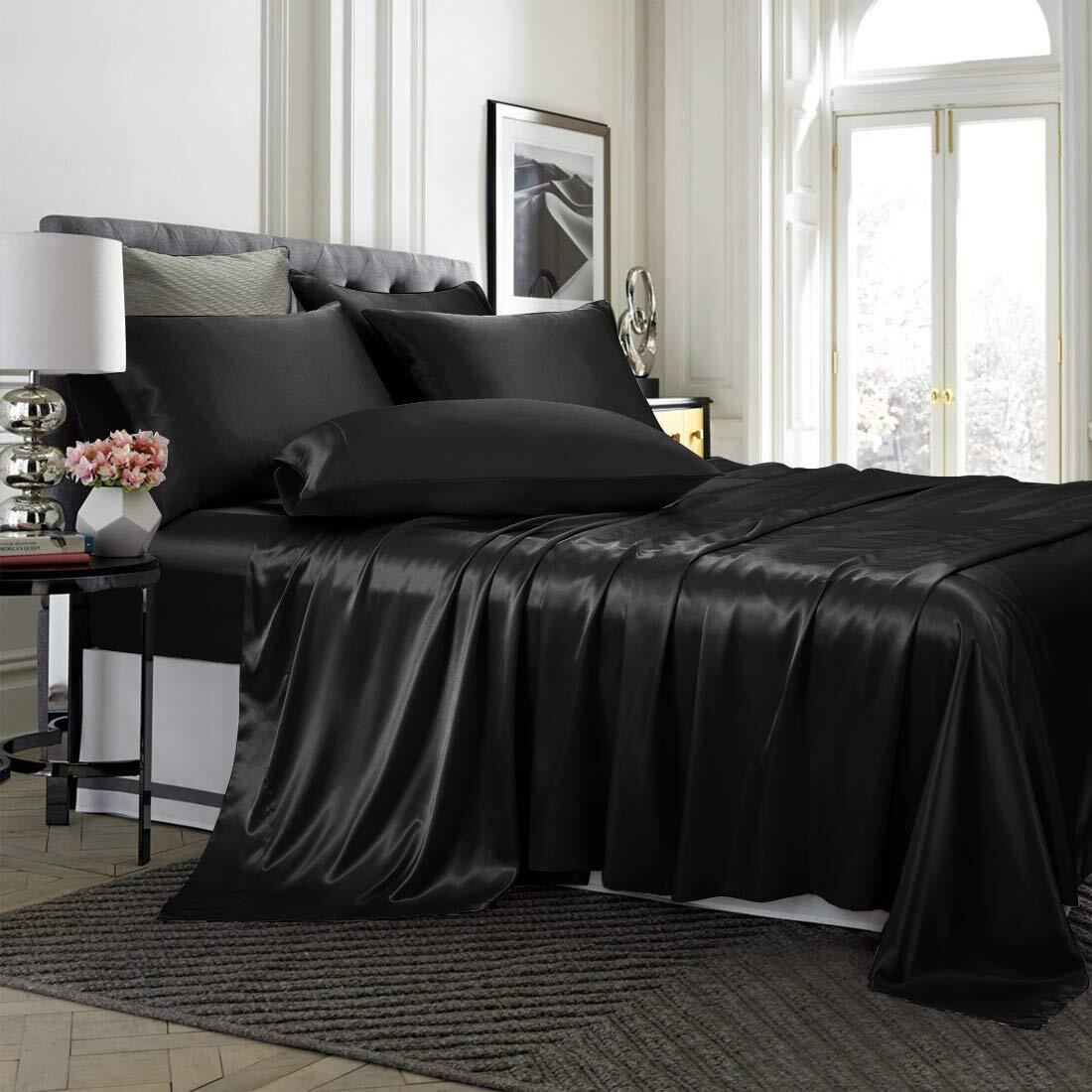 Treely 4 Piece Satin Sheets Twin Size - Silky Smooth Black Sheet Set With Deep Pocket, Fitted Sheet, Flat Sheet, 2 Pillowcases