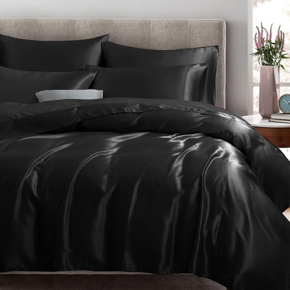 Treely 4 Piece Satin Sheets Twin Size - Silky Smooth Black Sheet Set With Deep Pocket, Fitted Sheet, Flat Sheet, 2 Pillowcases