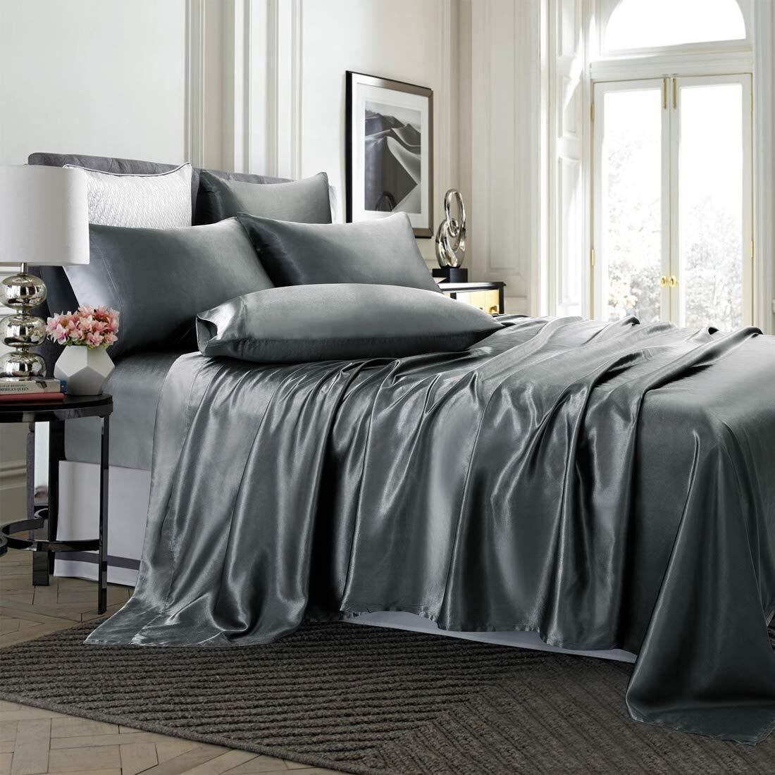 Treely 6 Piece Satin Sheets California King Size Silky Smooth Grey Sheet Set With Deep Pocket, Fitted Sheet, Flat Sheet, 4 Pillowcases
