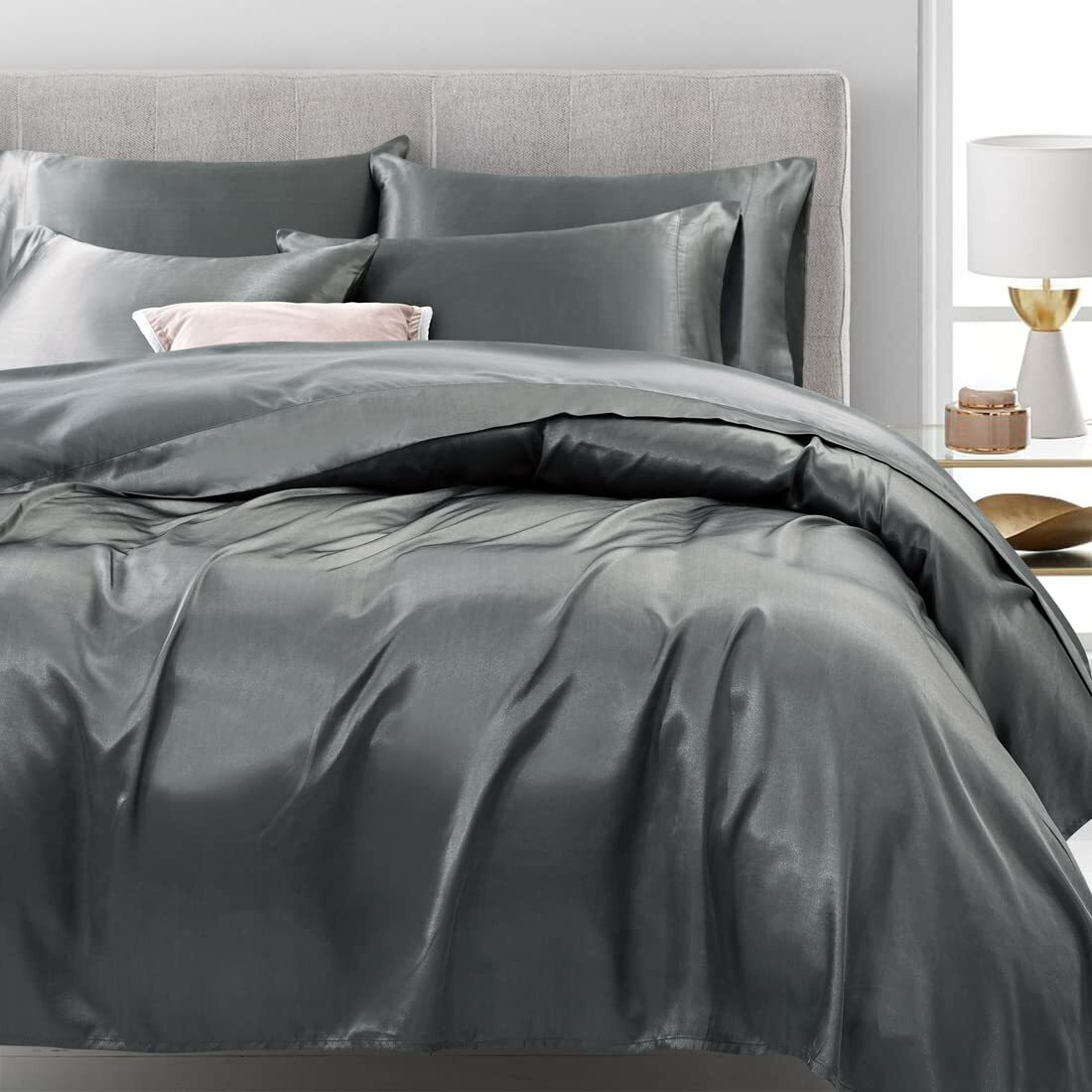 Treely 6 Piece Satin Sheets California King Size Silky Smooth Grey Sheet Set With Deep Pocket, Fitted Sheet, Flat Sheet, 4 Pillowcases