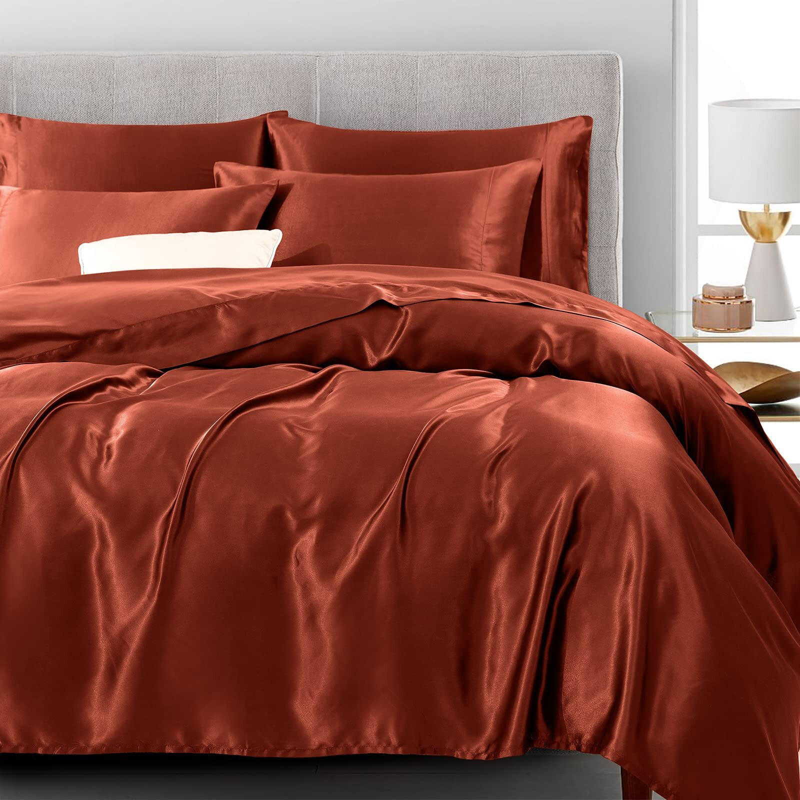 Treely Satin King Bed Sheets 6 Piece,Hotel Luxury Silky King Sheet Set With Deep Pocket,Fitted Sheet - Orange Rust King Sheets,1 Flat Sheet,4 Satin Pillowcase - Soft And Breathable