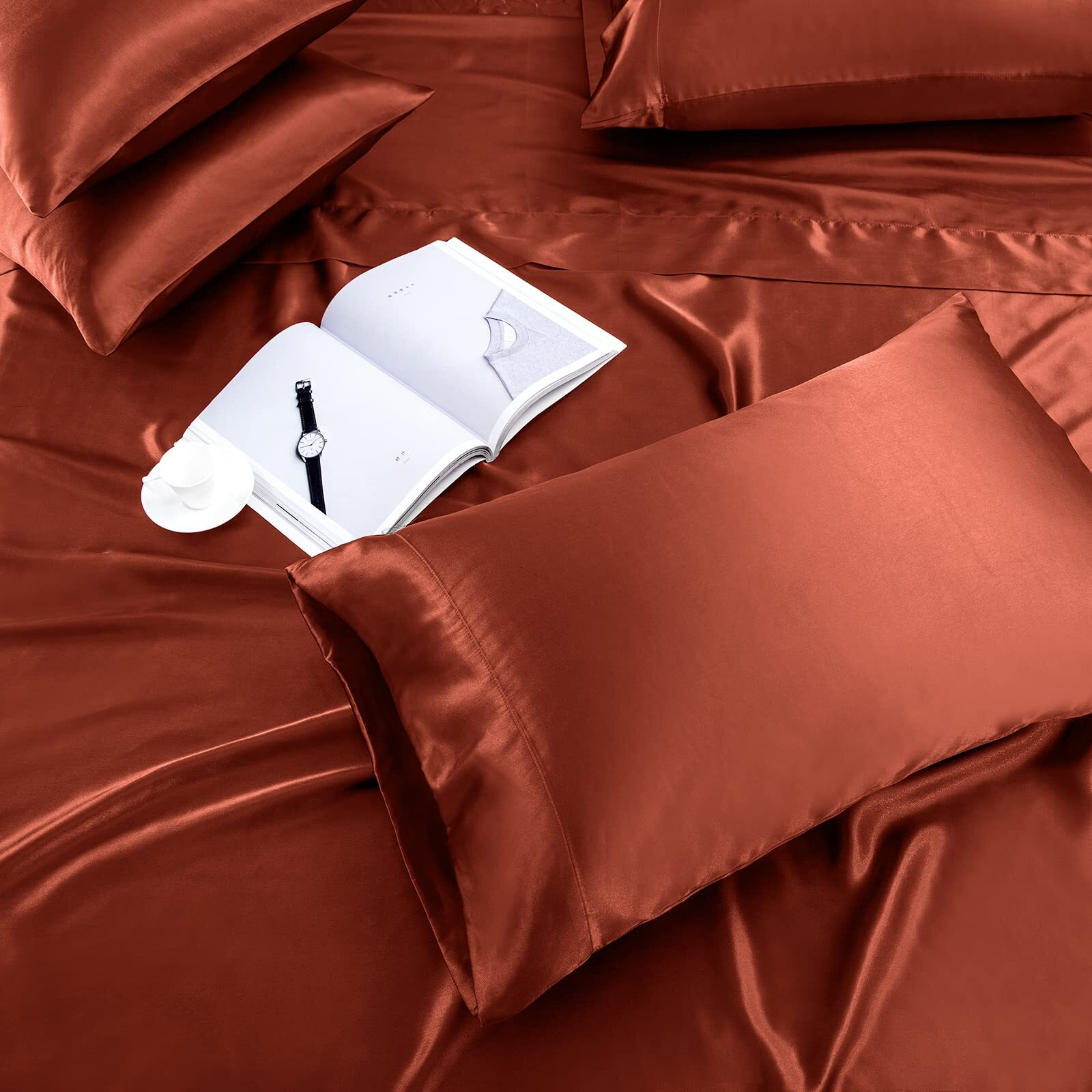 Treely Satin King Bed Sheets 6 Piece,Hotel Luxury Silky King Sheet Set With Deep Pocket,Fitted Sheet - Orange Rust King Sheets,1 Flat Sheet,4 Satin Pillowcase - Soft And Breathable