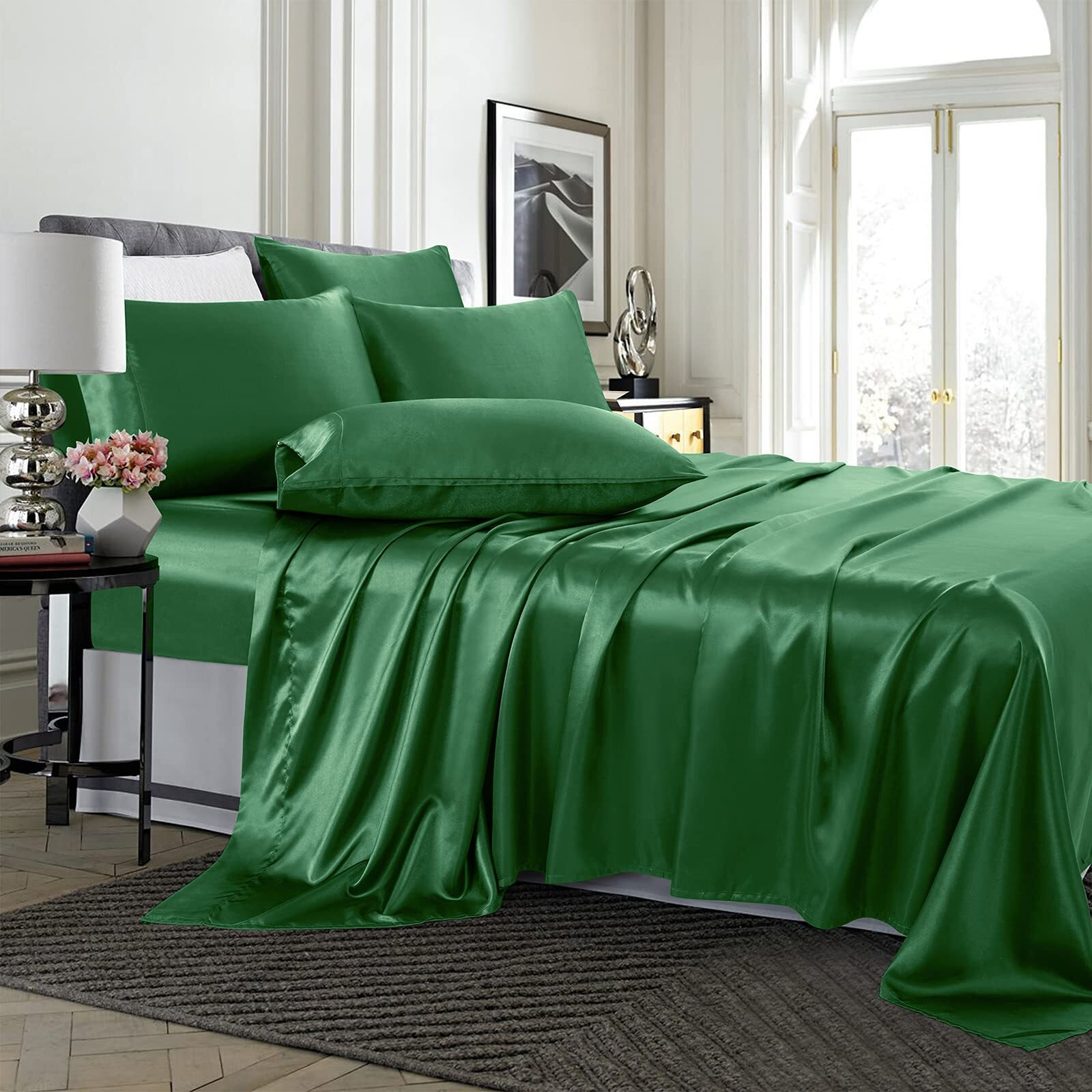 Treely 6 Piece Satin Sheets Queen Size Silky Smooth Blackish Green Satin Sheet Set With Deep Pocket, Satin Fitted Sheet, Flat Sheet, 4 Satin Pillowcase