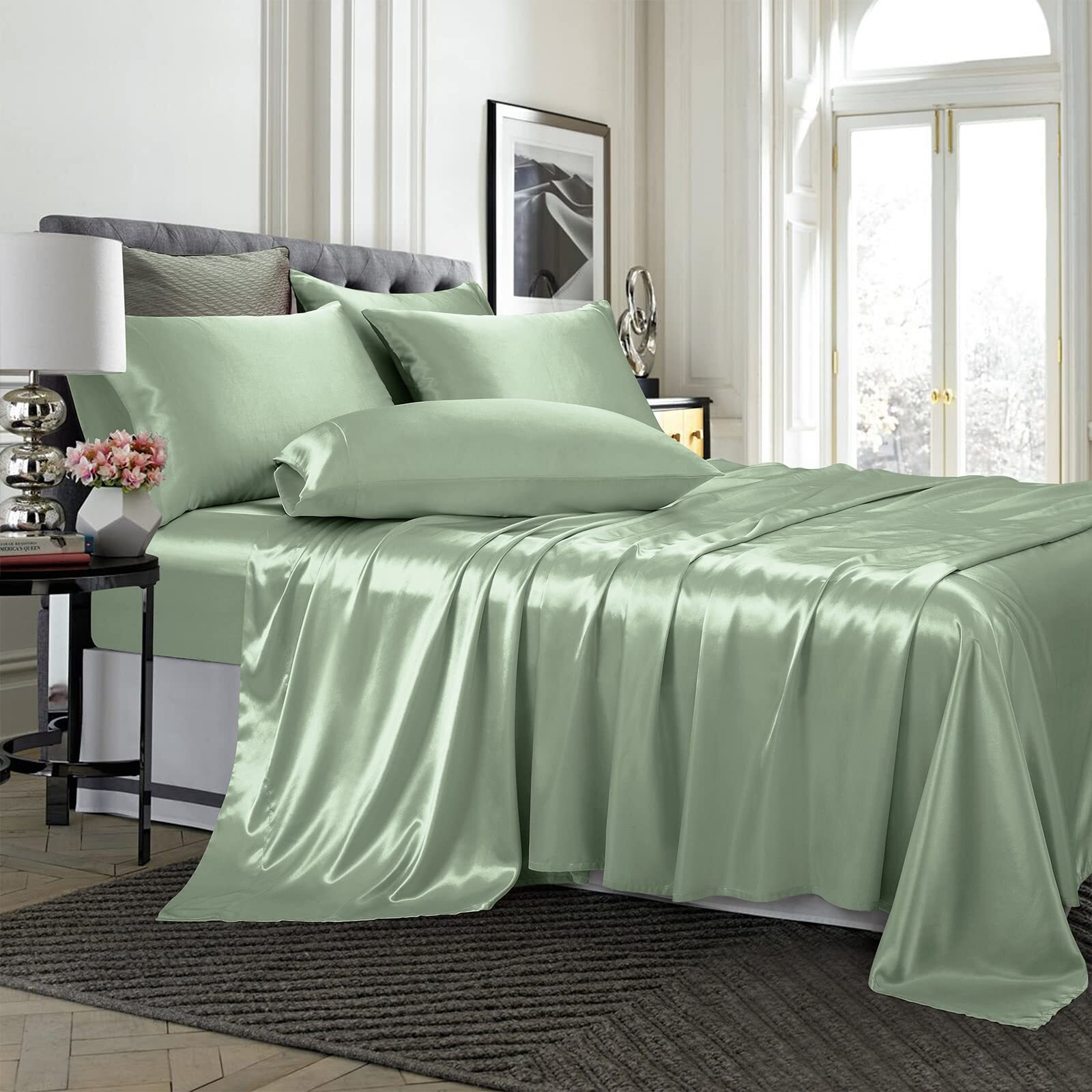 Treely 6 Piece Satin Sheets Full Size Silky Smooth Sage Green Satin Sheet Set With Deep Pocket, Satin Fitted Sheet, Flat Sheet, 4 Satin Pillowcase