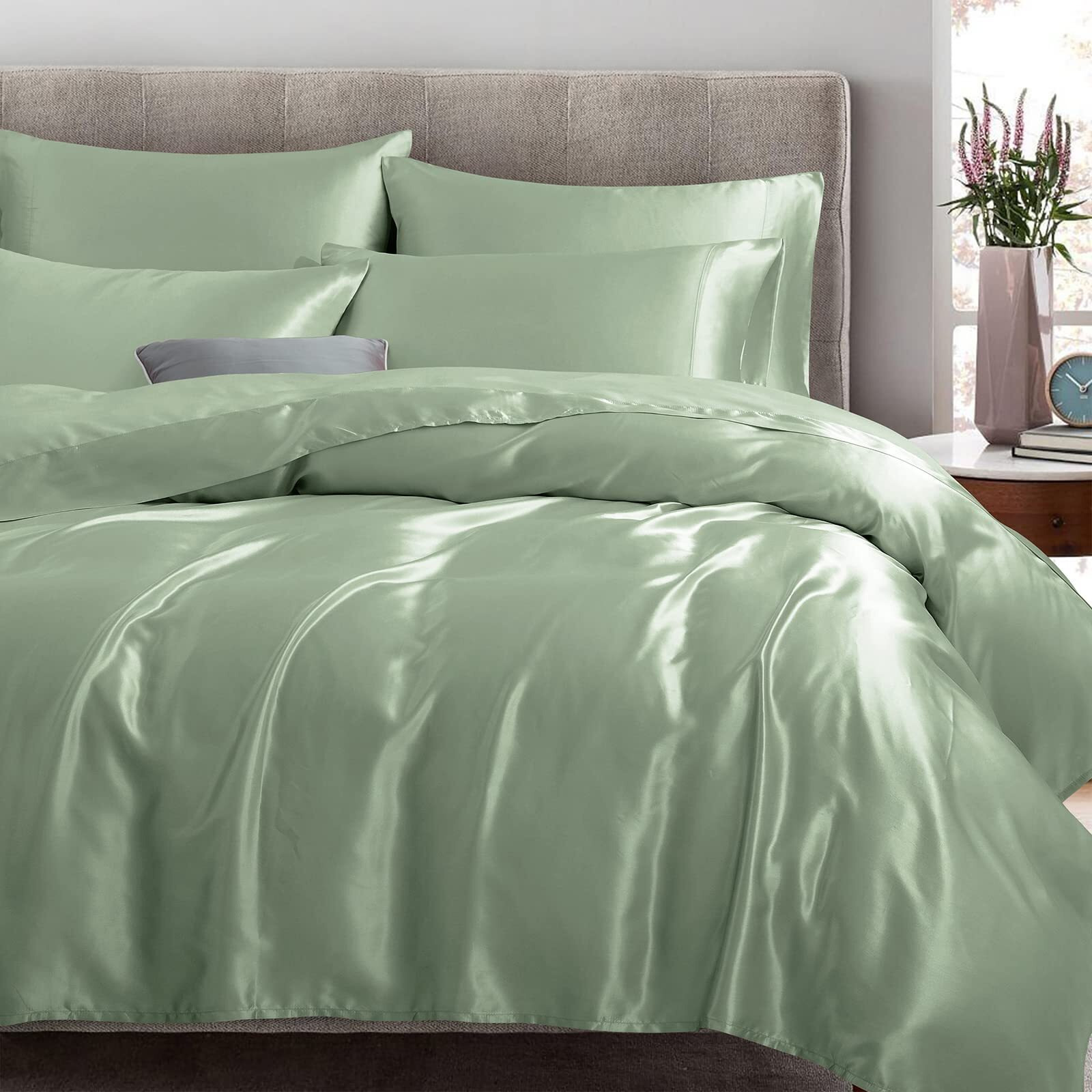 Treely 6 Piece Satin Sheets Full Size Silky Smooth Sage Green Satin Sheet Set With Deep Pocket, Satin Fitted Sheet, Flat Sheet, 4 Satin Pillowcase