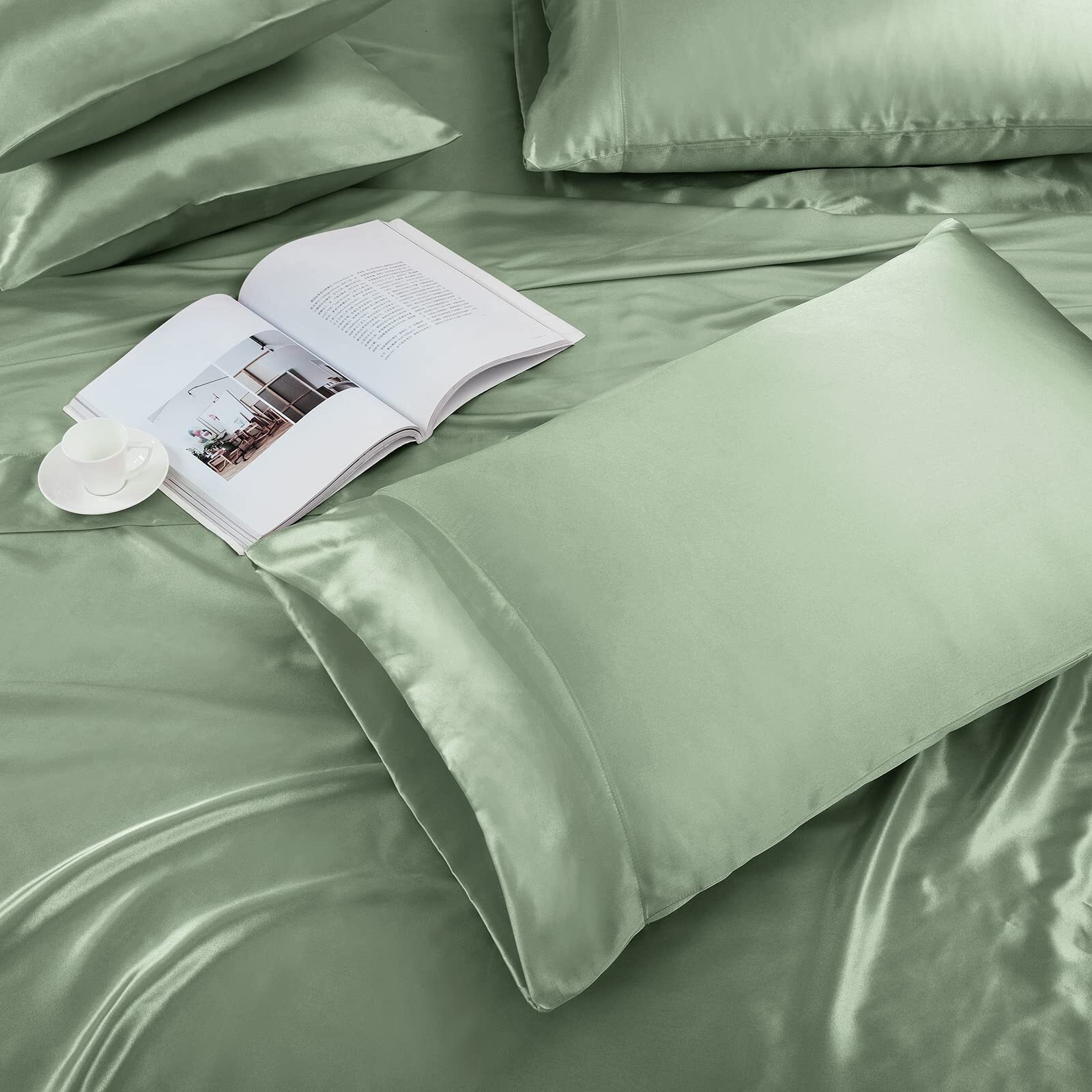 Treely 6 Piece Satin Sheets Full Size Silky Smooth Sage Green Satin Sheet Set With Deep Pocket, Satin Fitted Sheet, Flat Sheet, 4 Satin Pillowcase