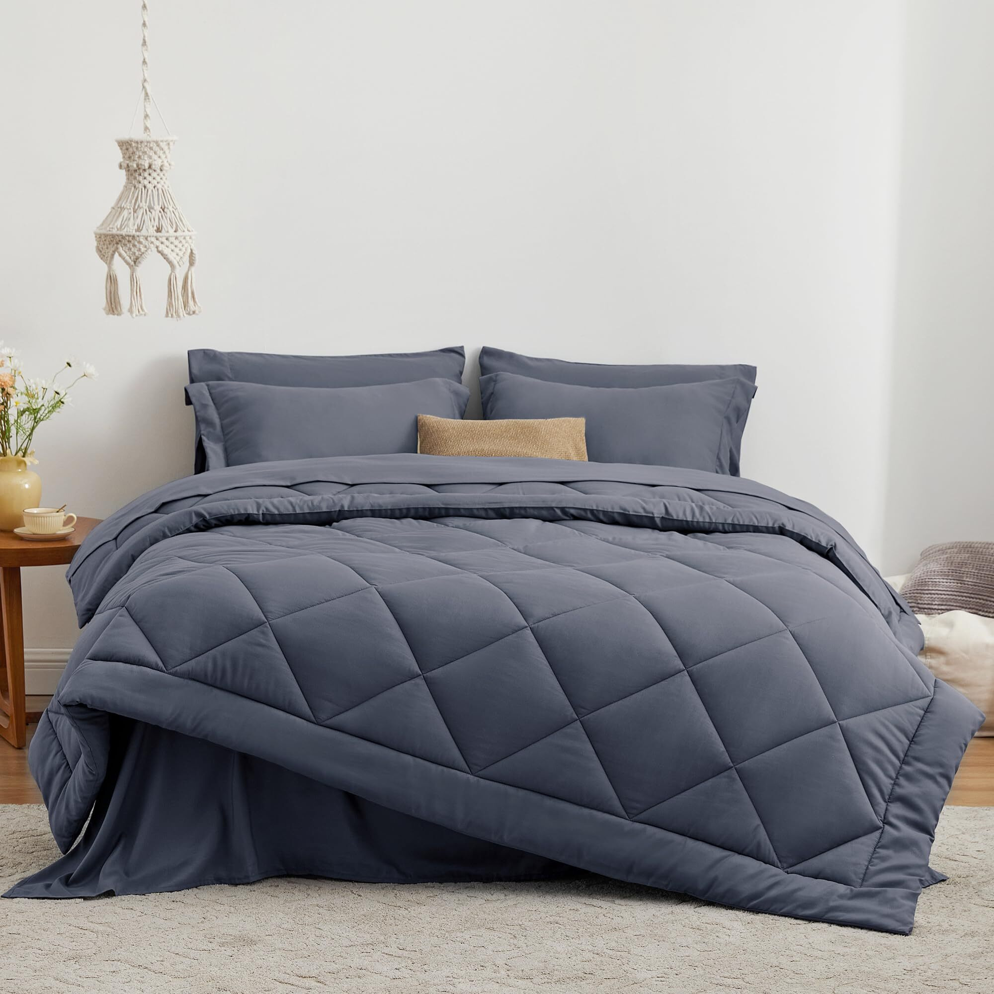 Love 's Cabin Queen Comforter Set Navy Blue, 7 Pieces Queen Bed In A Bag, All Season Queen Bedding Sets With 1 Comforter, 1 Flat Sheet, 1 Fitted Sheet, 2 Pillowcase And 2 Pillow Sham
