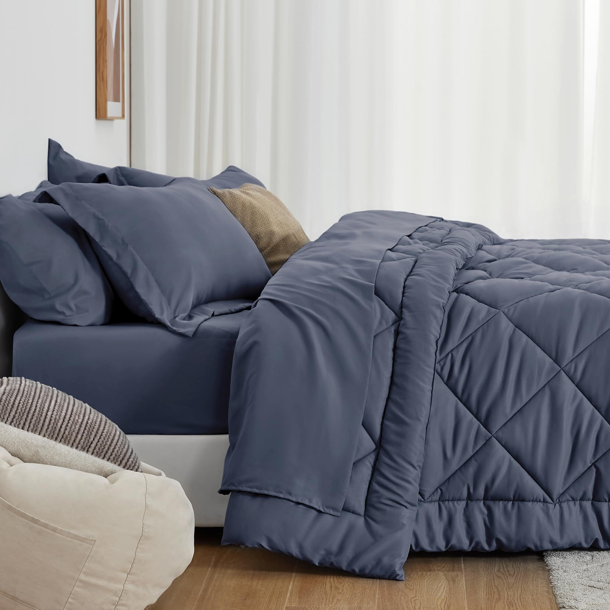 Love 's Cabin Queen Comforter Set Navy Blue, 7 Pieces Queen Bed In A Bag, All Season Queen Bedding Sets With 1 Comforter, 1 Flat Sheet, 1 Fitted Sheet, 2 Pillowcase And 2 Pillow Sham