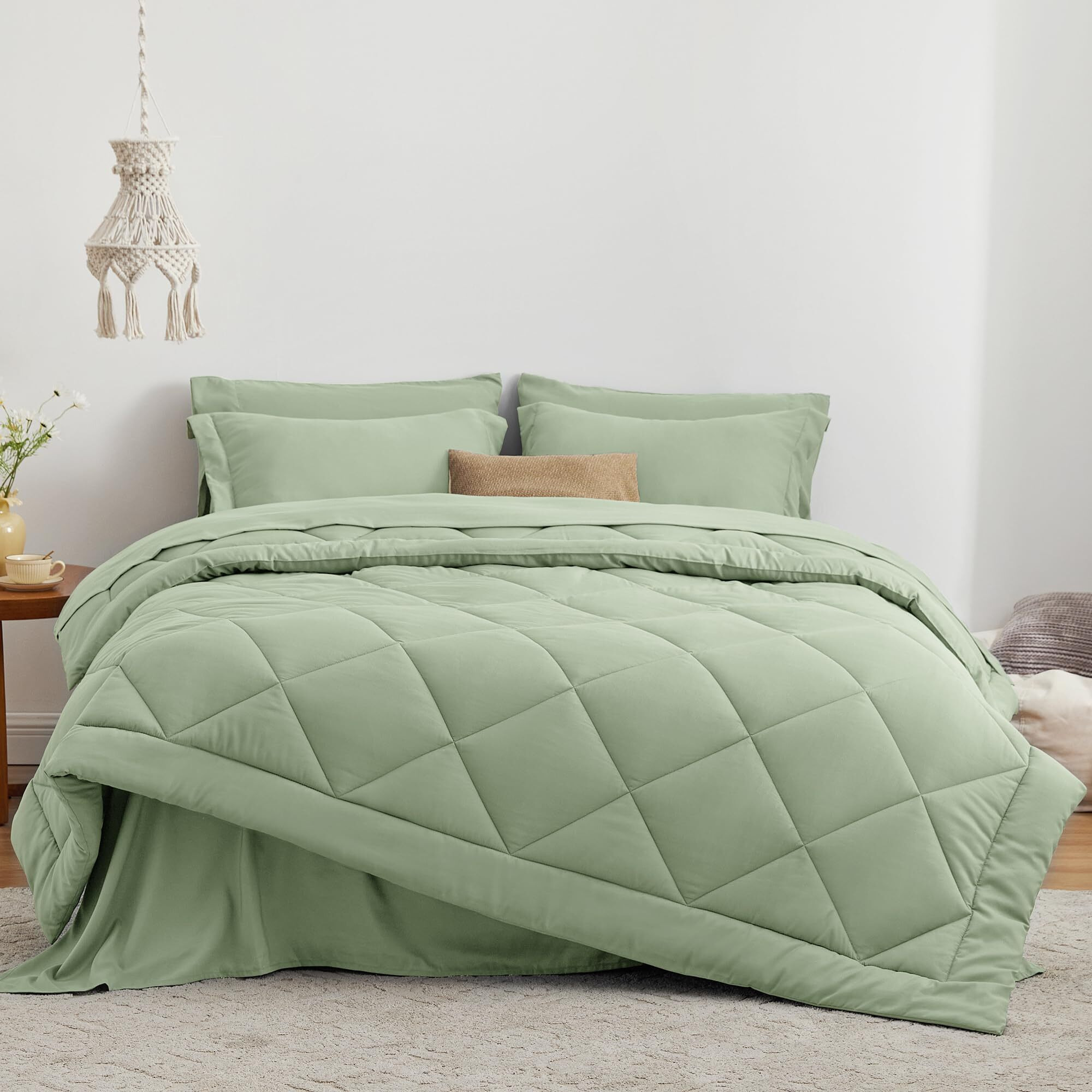 Love 's Cabin Queen Comforter Set Sage, 7 Pieces Queen Bed In A Bag, All Season Queen Bedding Sets With 1 Comforter, 1 Flat Sheet, 1 Fitted Sheet, 2 Pillowcase And 2 Pillow Sham