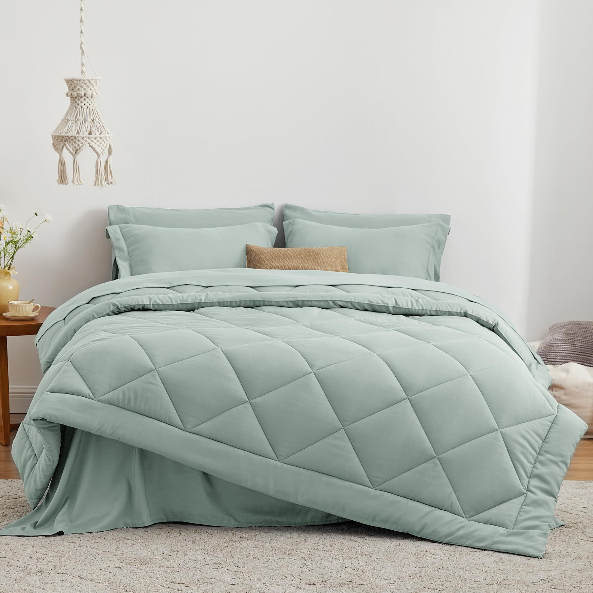 Love 's Cabin King Size Comforter Set Aqua, 7-Piece King Bed In A Bag, All Season Bedding Set With 1 Comforter, 1 Flat Sheet, 1 Fitted Sheet, 2 Pillowcases And 2 Pillow Shams