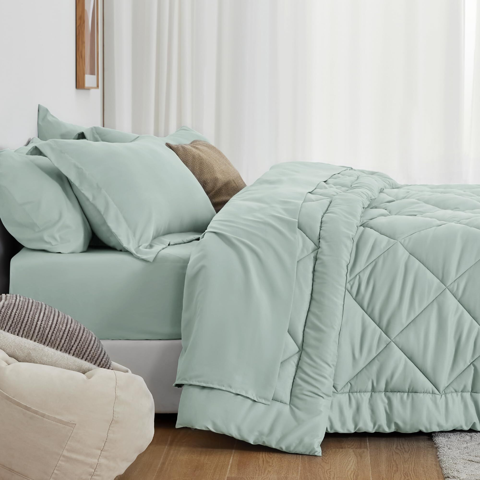 Love 's Cabin King Size Comforter Set Aqua, 7-Piece King Bed In A Bag, All Season Bedding Set With 1 Comforter, 1 Flat Sheet, 1 Fitted Sheet, 2 Pillowcases And 2 Pillow Shams
