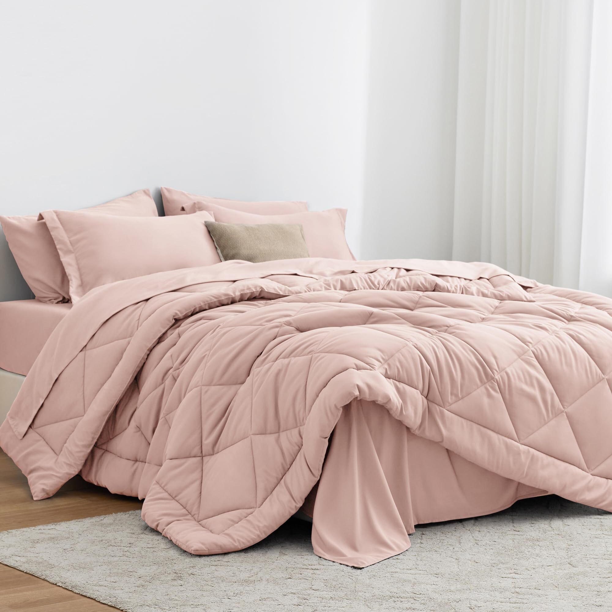 Love 's Cabin King Size Comforter Set Pink, 7 Pieces King Bed In A Bag, All Season King Bedding Sets With 1 Comforter, 1 Flat Sheet, 1 Fitted Sheet, 2 Pillowcase And 2 Pillow Sham