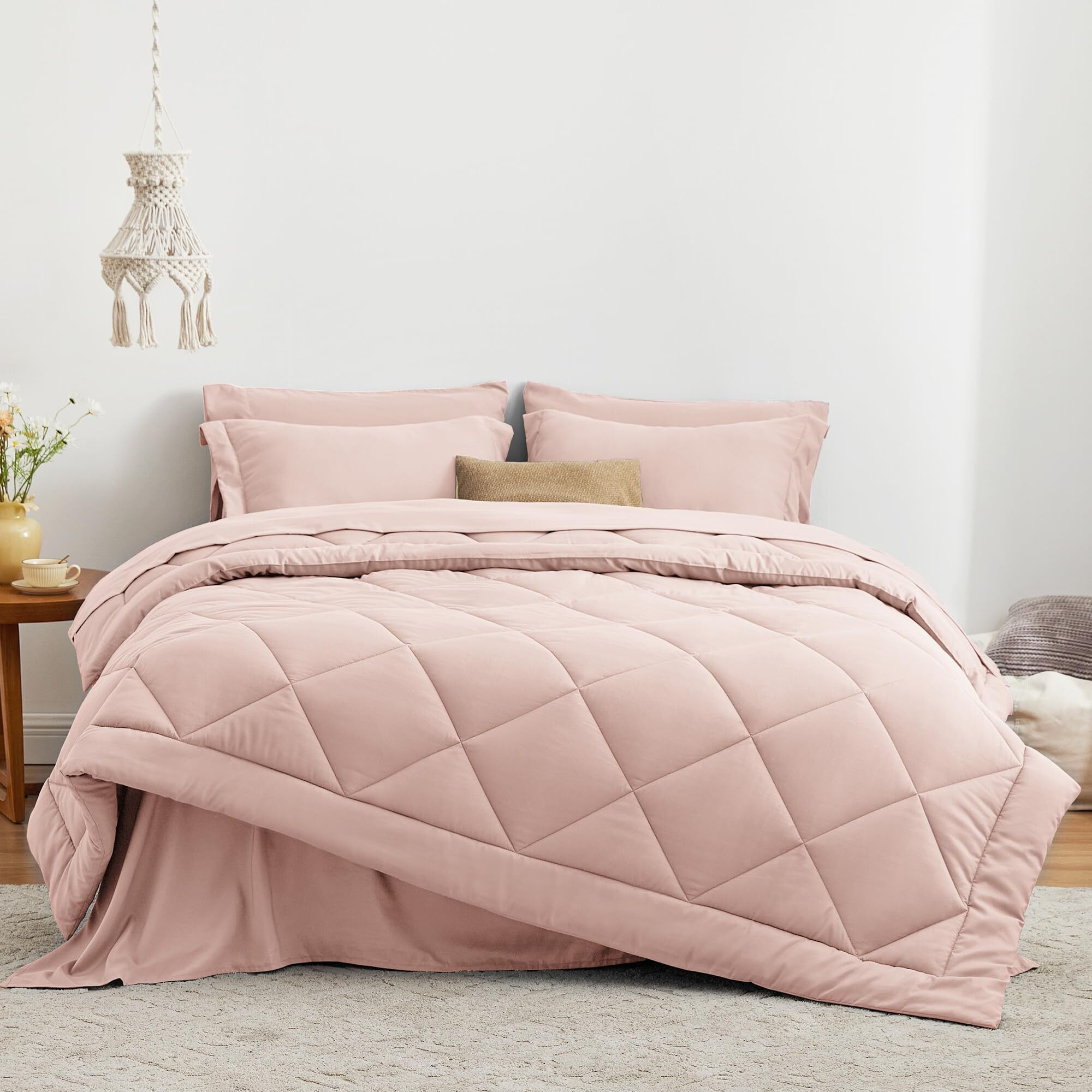 Love 's Cabin King Size Comforter Set Pink, 7 Pieces King Bed In A Bag, All Season King Bedding Sets With 1 Comforter, 1 Flat Sheet, 1 Fitted Sheet, 2 Pillowcase And 2 Pillow Sham