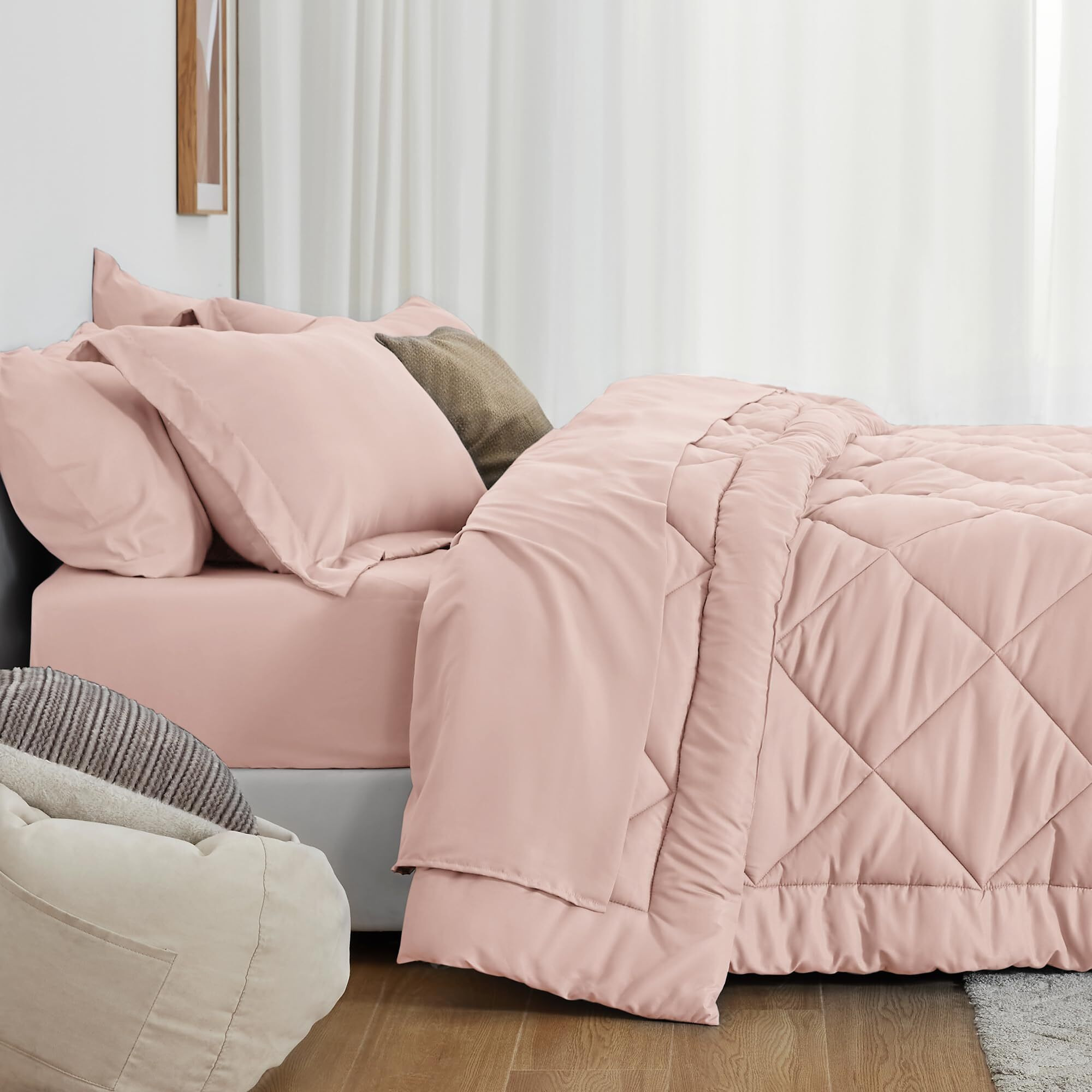 Love 's Cabin King Size Comforter Set Pink, 7 Pieces King Bed In A Bag, All Season King Bedding Sets With 1 Comforter, 1 Flat Sheet, 1 Fitted Sheet, 2 Pillowcase And 2 Pillow Sham