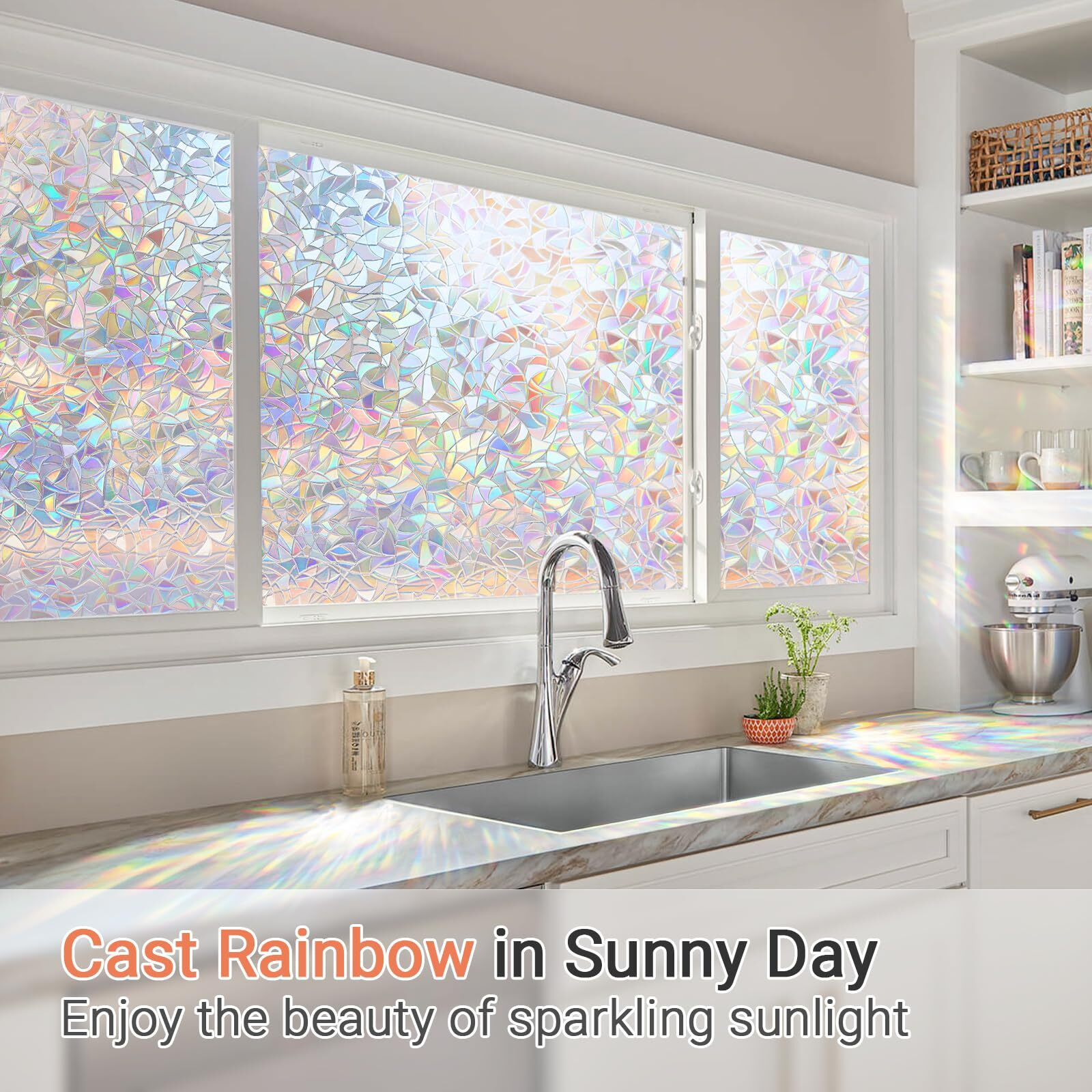 Lute Window Privacy Film, Rainbow Window Film, 3D Decorative Stained Glass Cling, Non-Adhesive Vinyl Static Cling Removable Glass Stickers, Sun Uv Blocking Decal Covering For Home, 17.5 X 78.7 Inches