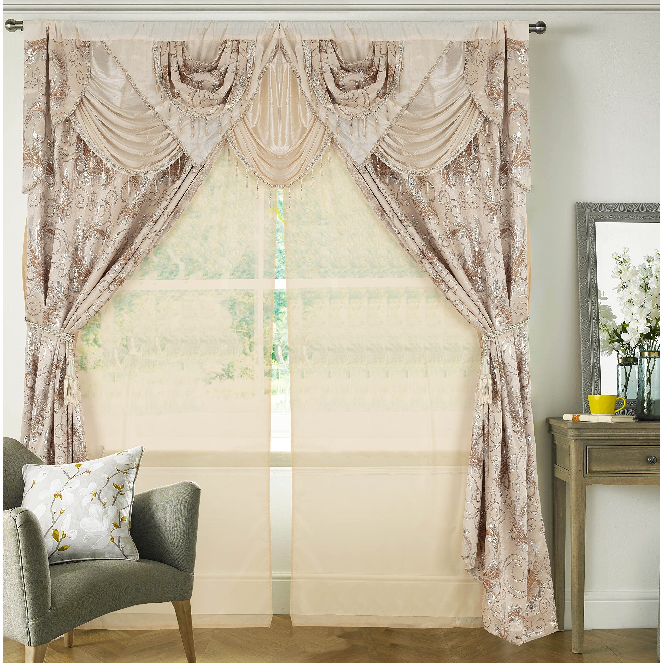 Golden Rugs Jacquard Luxury Curtain Window Panel Set With Attached Valance And Backing Bedroom Living Room Dining 112Inx84In Each Jana Collection (Beige)