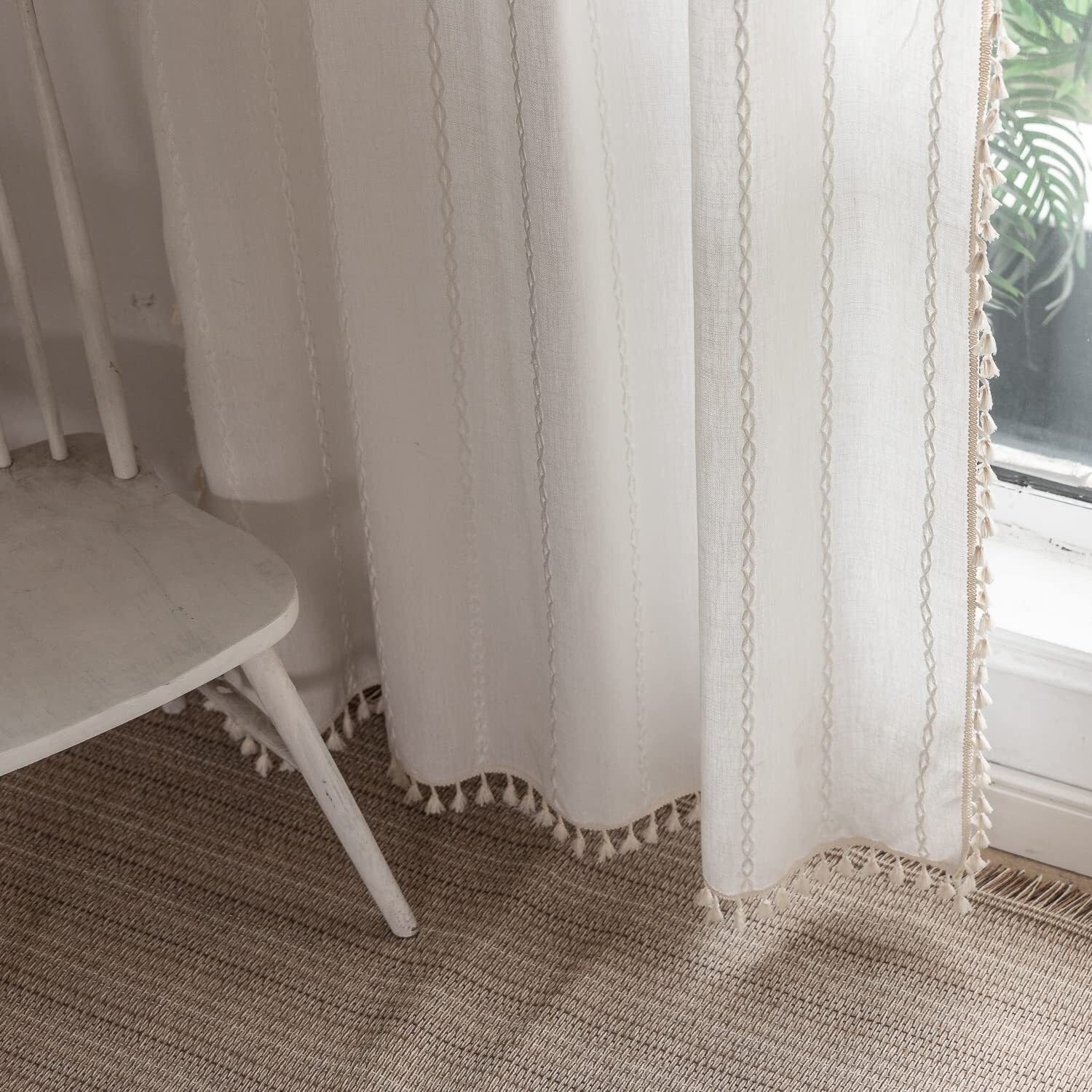 Bclbuste Boho Curtains Semi-Blackout Window Curtains 84 Inch 2 Pannels For Living Room, Linen Tassels Farmhouse Curtains With Embroidery For Bedroom Rod Pocket Draperies 52"" W X 84""