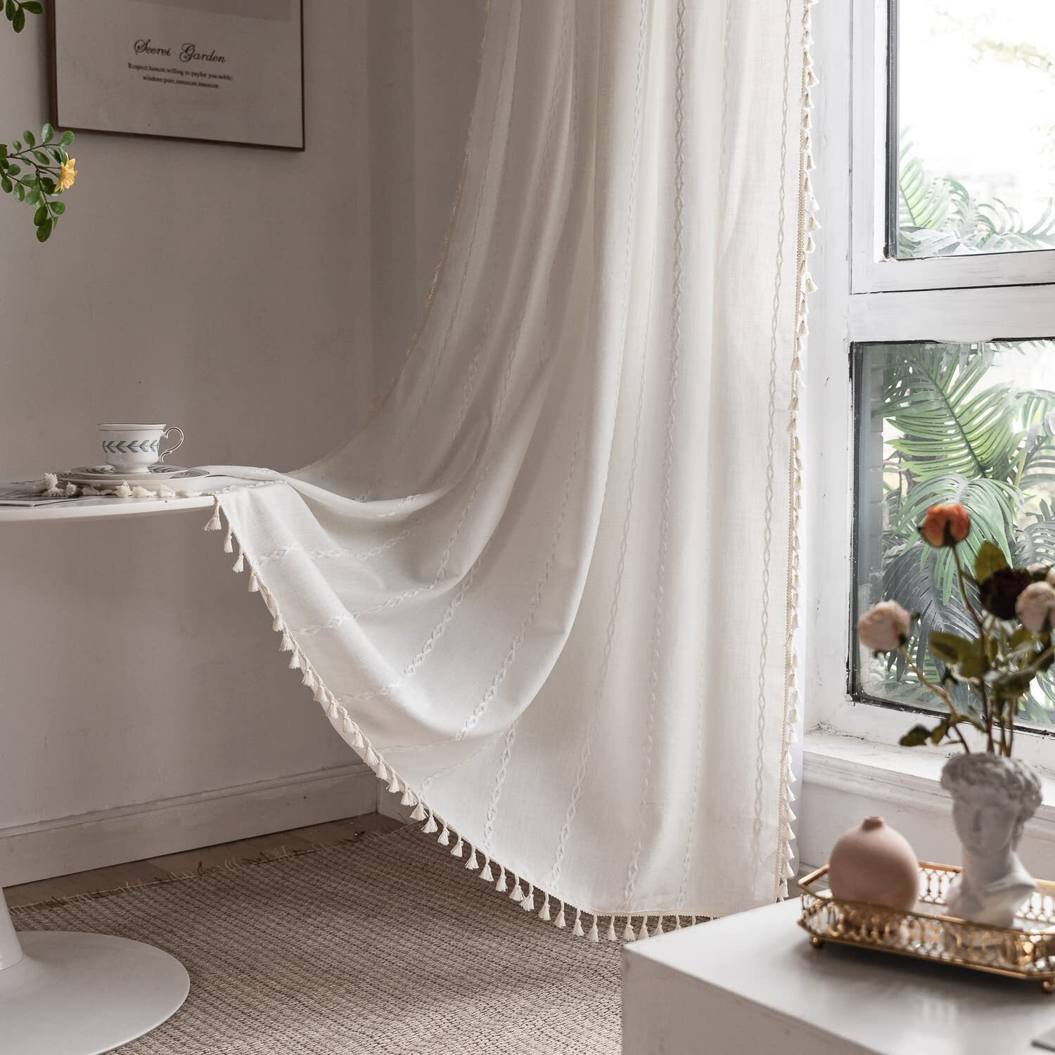 Bclbuste Boho Curtains Semi-Blackout Window Curtains 84 Inch 2 Pannels For Living Room, Linen Tassels Farmhouse Curtains With Embroidery For Bedroom Rod Pocket Draperies 52"" W X 84""