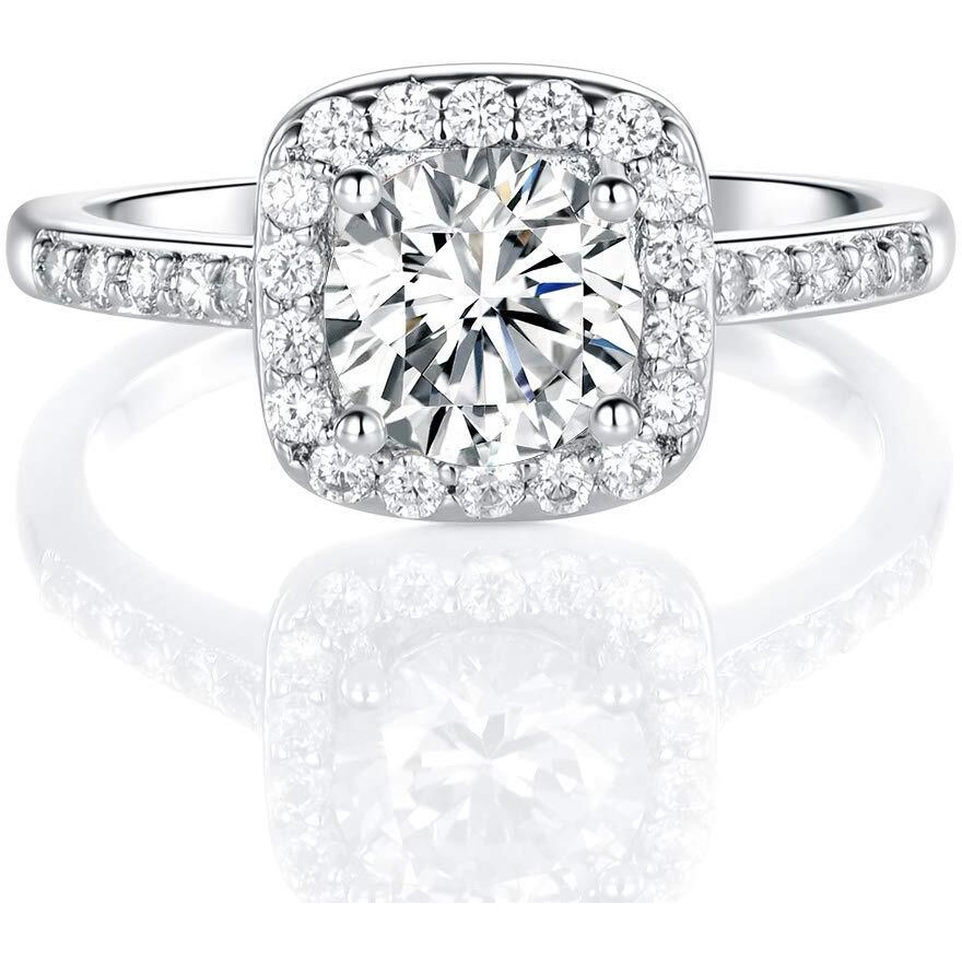 Mdfun 18K White Gold Plated Cubic Zirconia Promise Halo Engagement Eternity Ring For Women (Rhodium-Plated-Brass, 6)