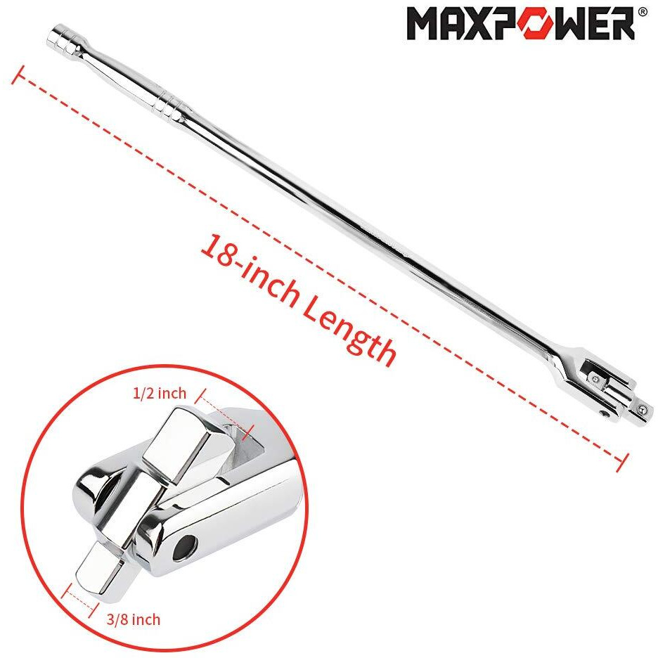 Maxpower 18-Inch Breaker Bar 1/2-Inch And 3/8-Inch Drive Dual-Drive Flex Handle Chrome-Plated Drvie