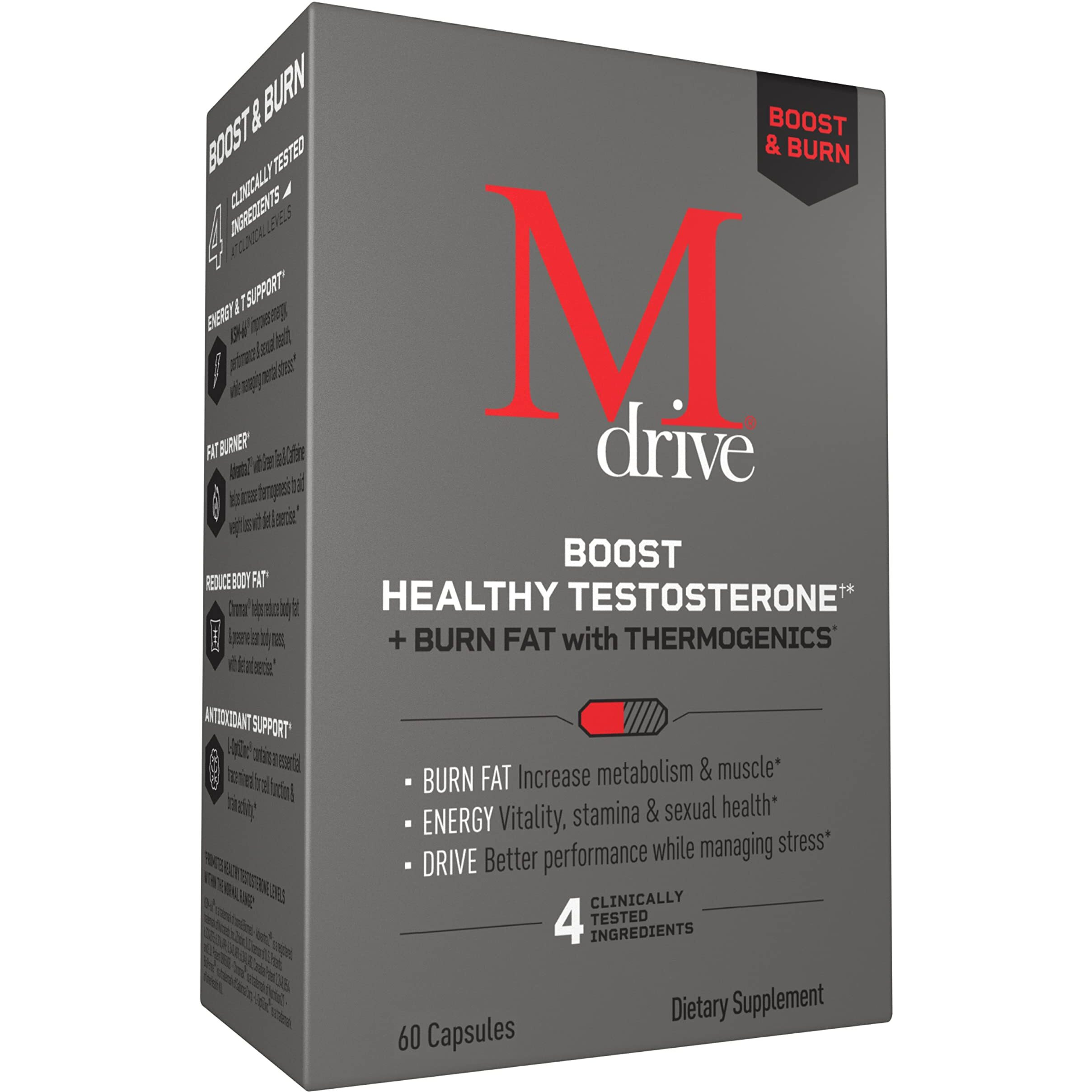 Mdrive Boost And Burn Testosterone Booster And Fat Burner For Men, Energy, Strength, Stress Relief, Ksm-66 Ashwagandha, Advantra Z, Chromax, 60 Capsules