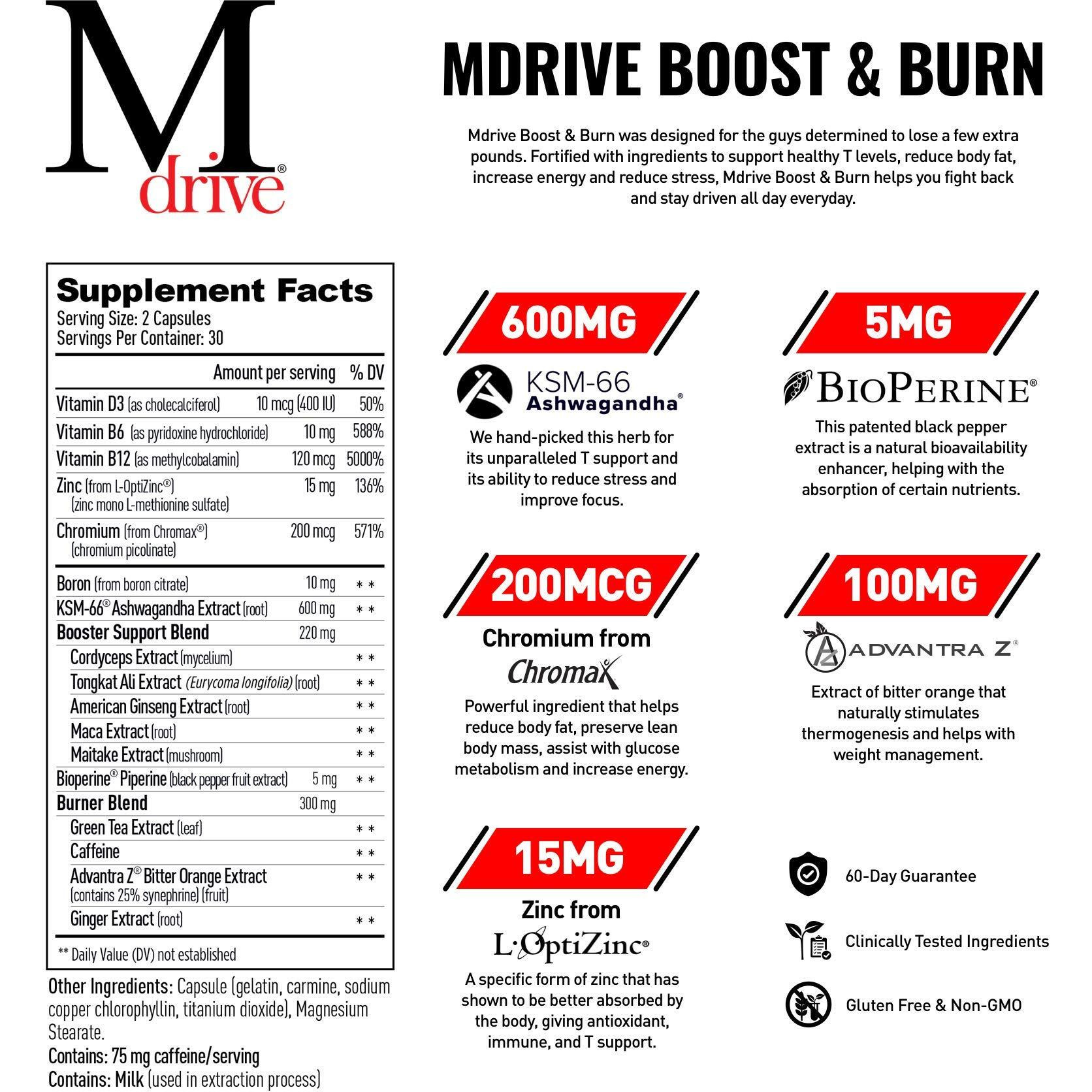 Mdrive Boost And Burn Testosterone Booster And Fat Burner For Men, Energy, Strength, Stress Relief, Ksm-66 Ashwagandha, Advantra Z, Chromax, 60 Capsules