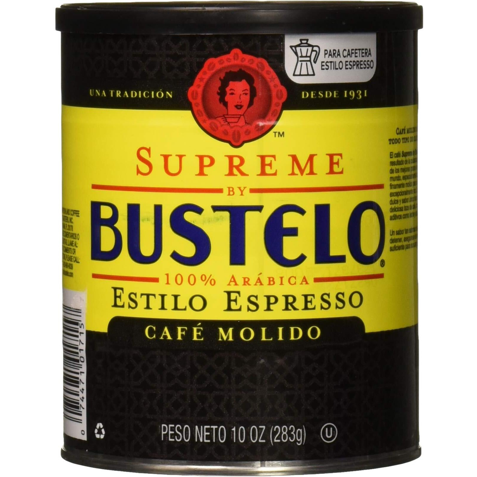 Supreme Bustelo Espresso Ground Coffee Caffeine Can 10 Oz - 0074471017152