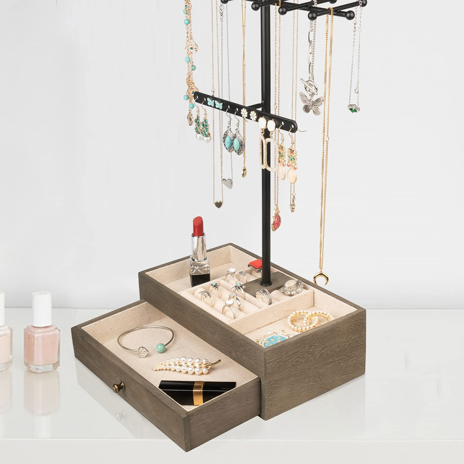 Meangood Jewelry Organizer Stand, 3-Tier Necklace Holder Jewelry Tree With Wooden Storage Drawer Box For Necklace Bracelet Earring Ring, Carbonized Black