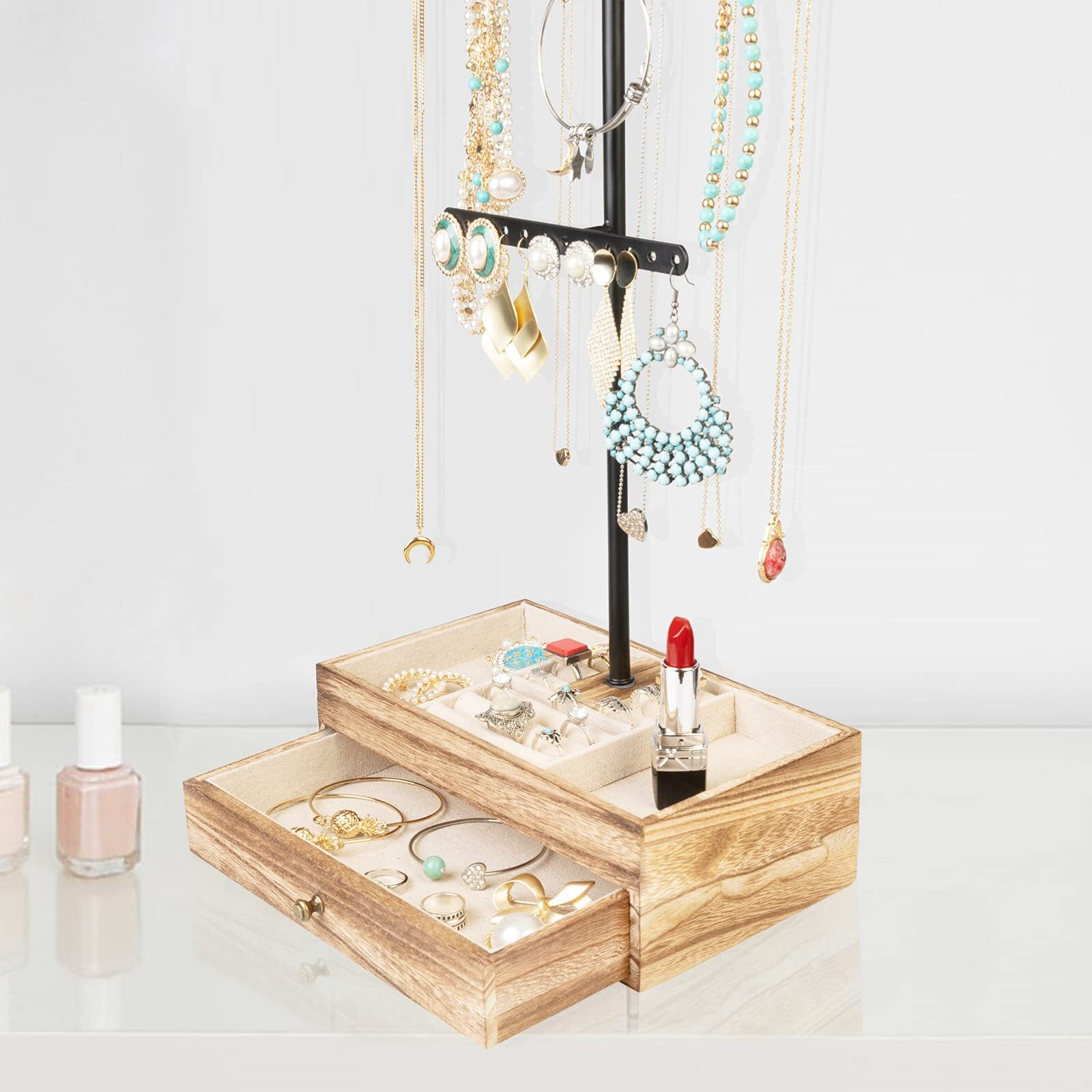 Meangood Jewelry Organizer Stand, 3-Tier Necklace Holder Jewelry Tree With Wooden Storage Drawer Box For Necklace Bracelet Earring Ring, Carbonized Black