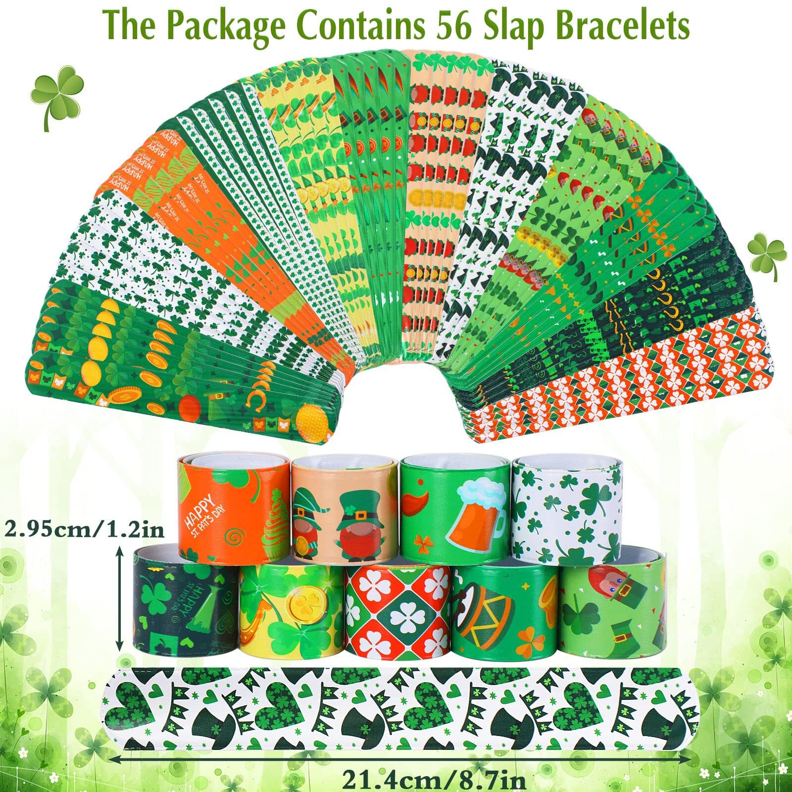 Junebrushs St. Patrick 's Day Slap Bracelets, 56 Pack Saint Patricks Party Favors For Kids Shamrock Slap Bands Irish Clover Wristbands Snap Bracelets Bulk For Boys Girls Birthday Gifts Party Supplies