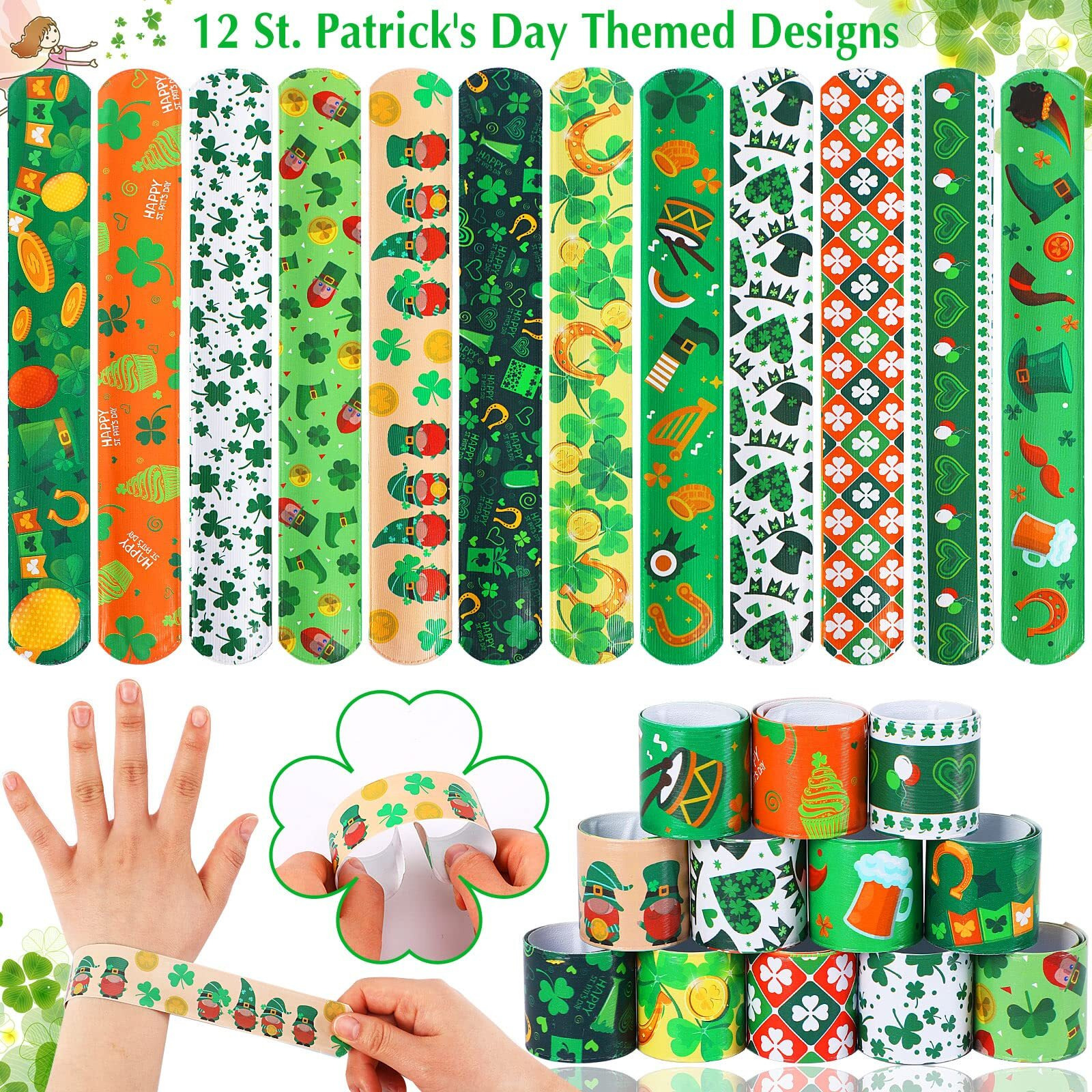 Junebrushs St. Patrick 's Day Slap Bracelets, 56 Pack Saint Patricks Party Favors For Kids Shamrock Slap Bands Irish Clover Wristbands Snap Bracelets Bulk For Boys Girls Birthday Gifts Party Supplies
