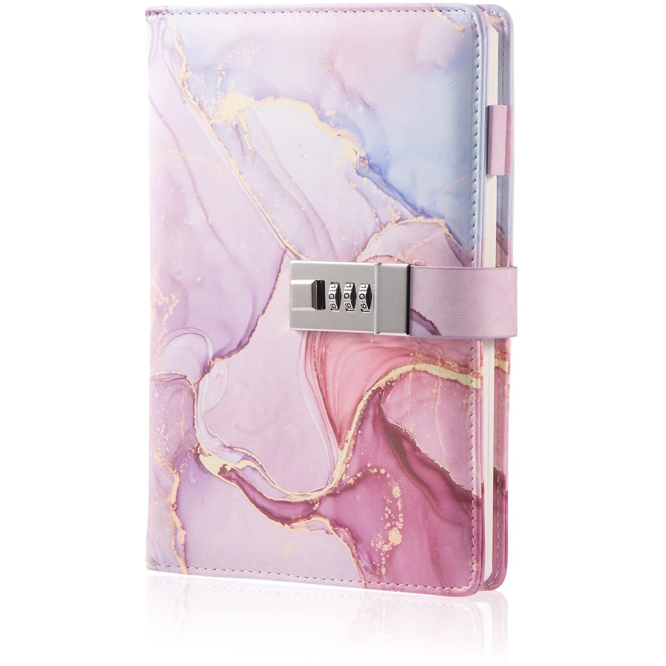 Marble Diary With Lock For Girls And Women, A5 Leather Locked Journal For Teen Girls, Secret Cute Password Lock Notebooks With Pen Holder For Travel Diary Office Notepad (Pink)