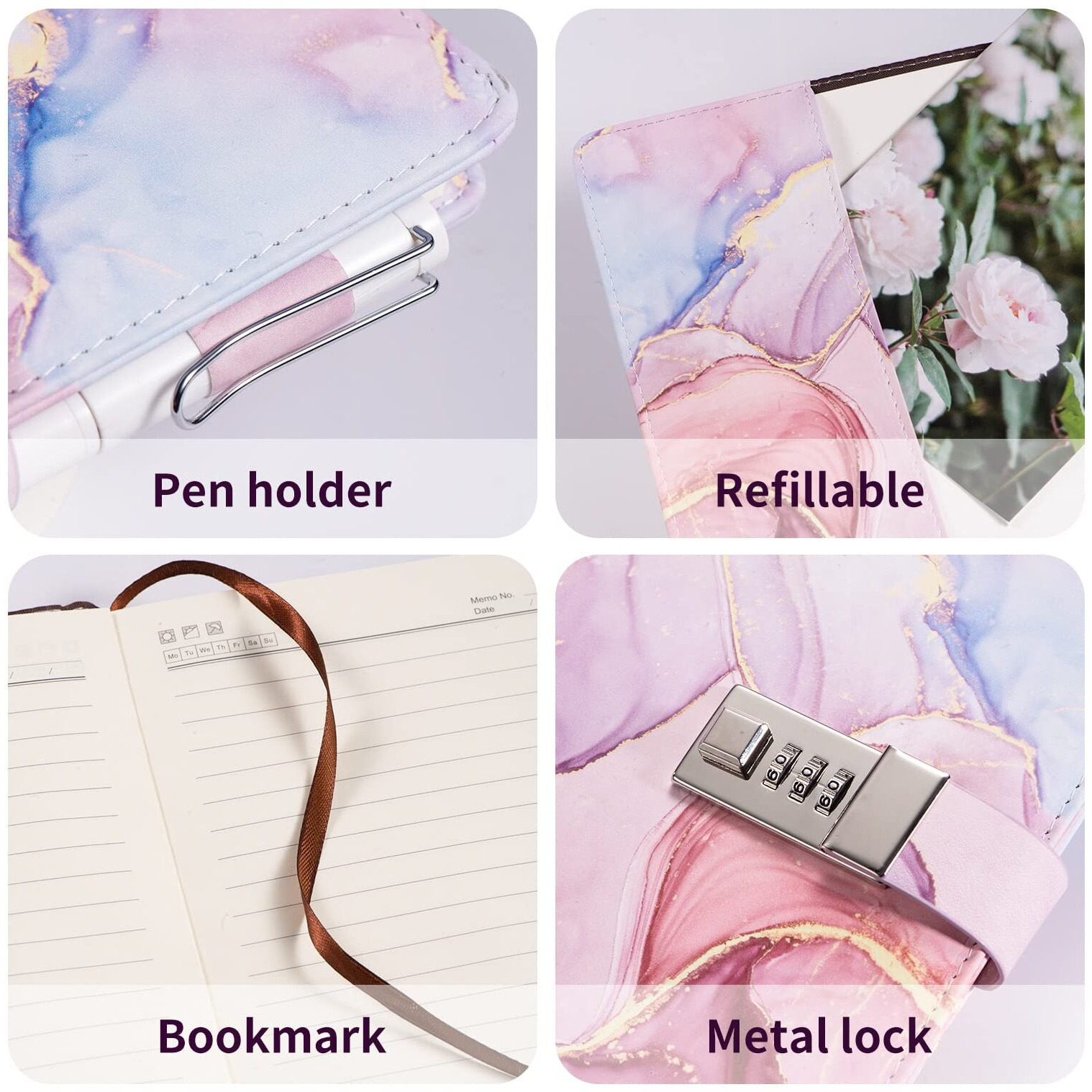 Marble Diary With Lock For Girls And Women, A5 Leather Locked Journal For Teen Girls, Secret Cute Password Lock Notebooks With Pen Holder For Travel Diary Office Notepad (Pink)