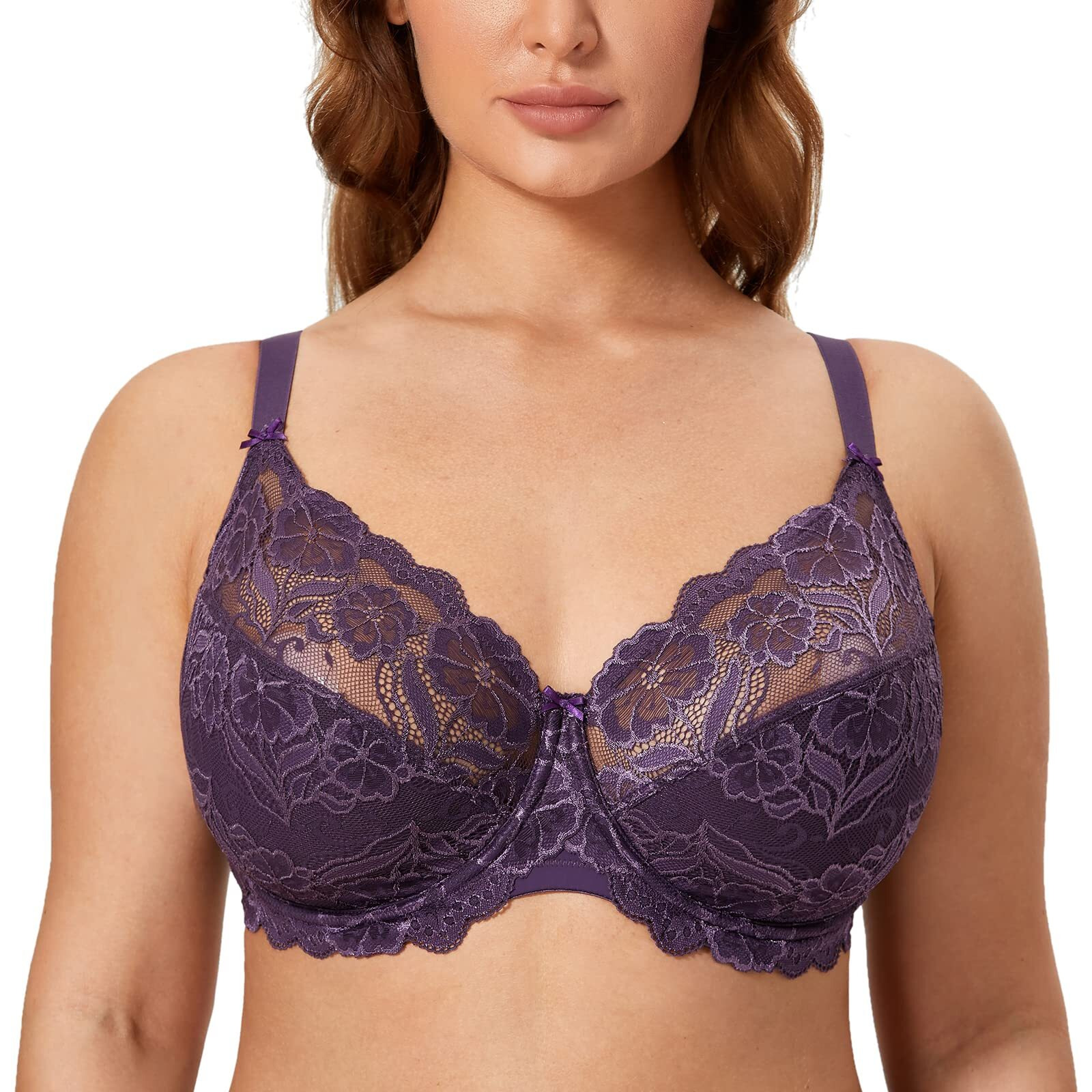 Delimira Womens Plus Size Bras Full Coverage Lace Underwire Unlined Bra Deep Plum 44Dd
