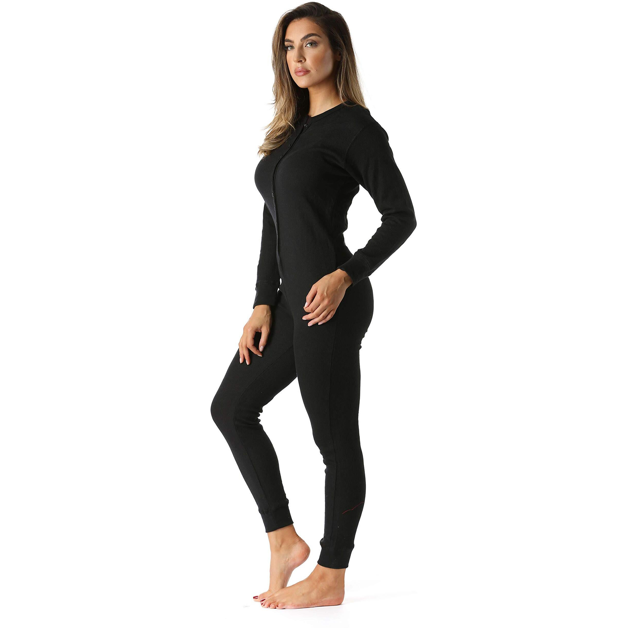 Followme Women's Thermal Henley Onesie Union Suit 6743-Blk-Xl Black